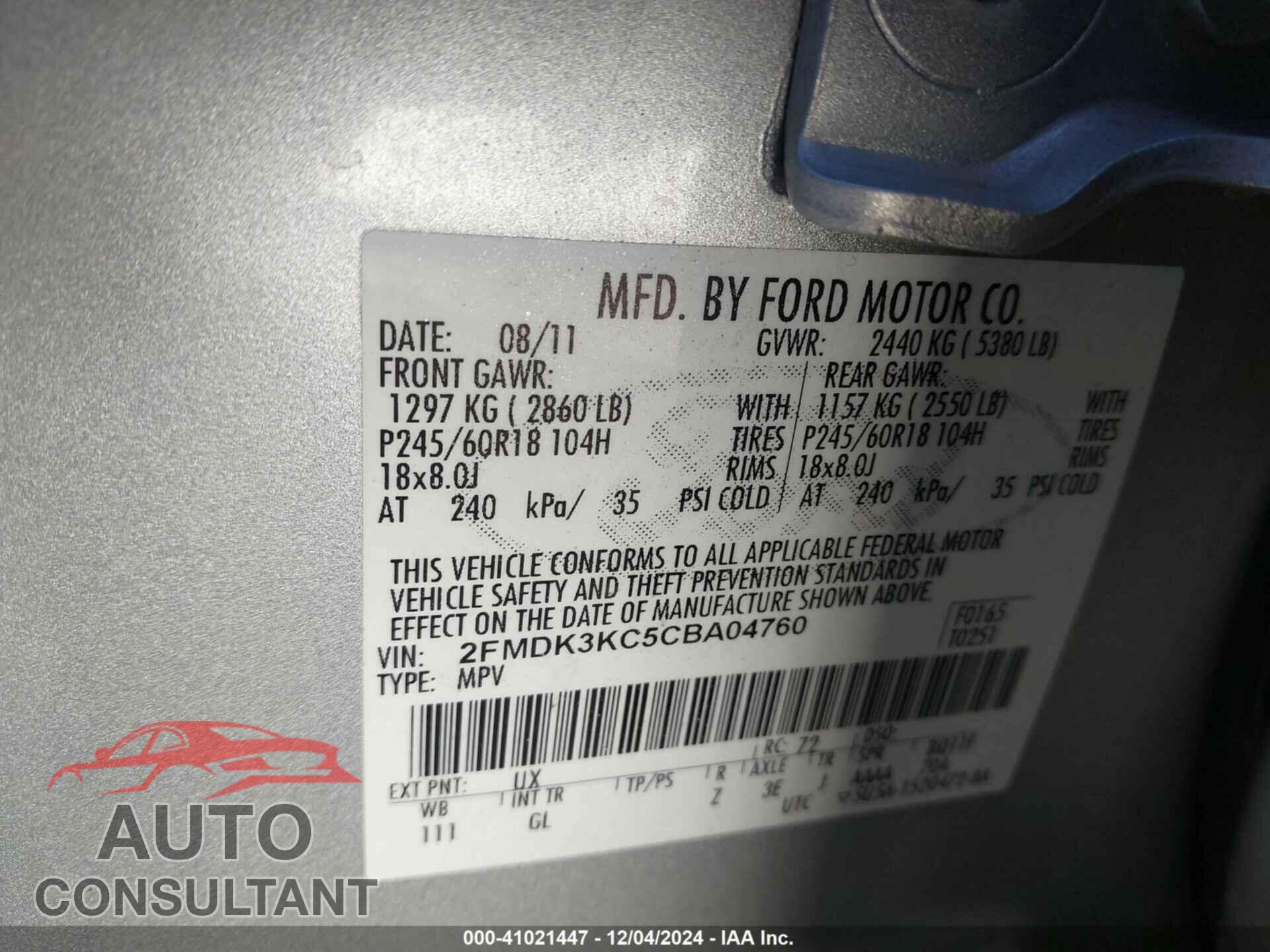 FORD EDGE 2012 - 2FMDK3KC5CBA04760