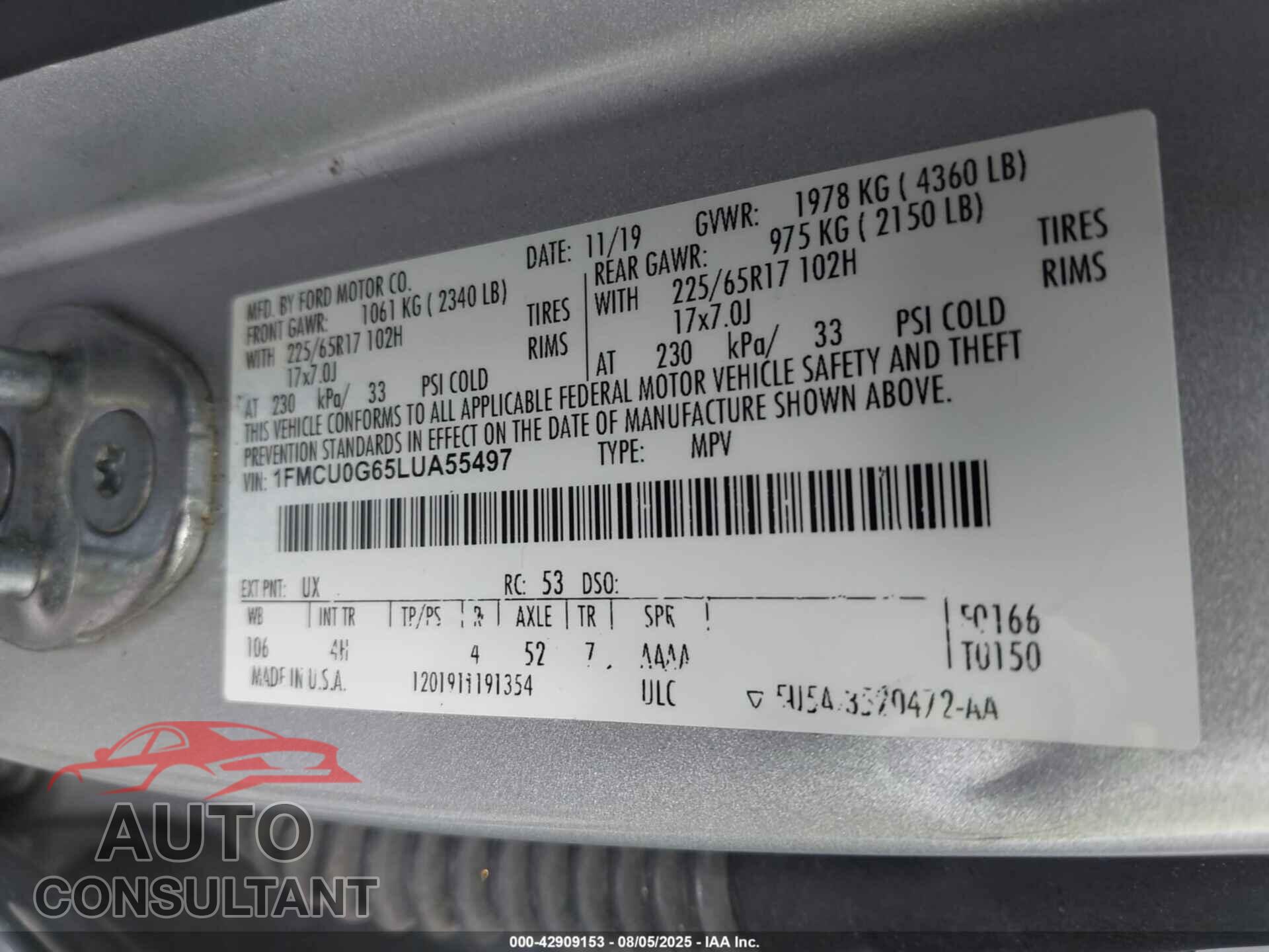 FORD ESCAPE 2020 - 1FMCU0G65LUA55497