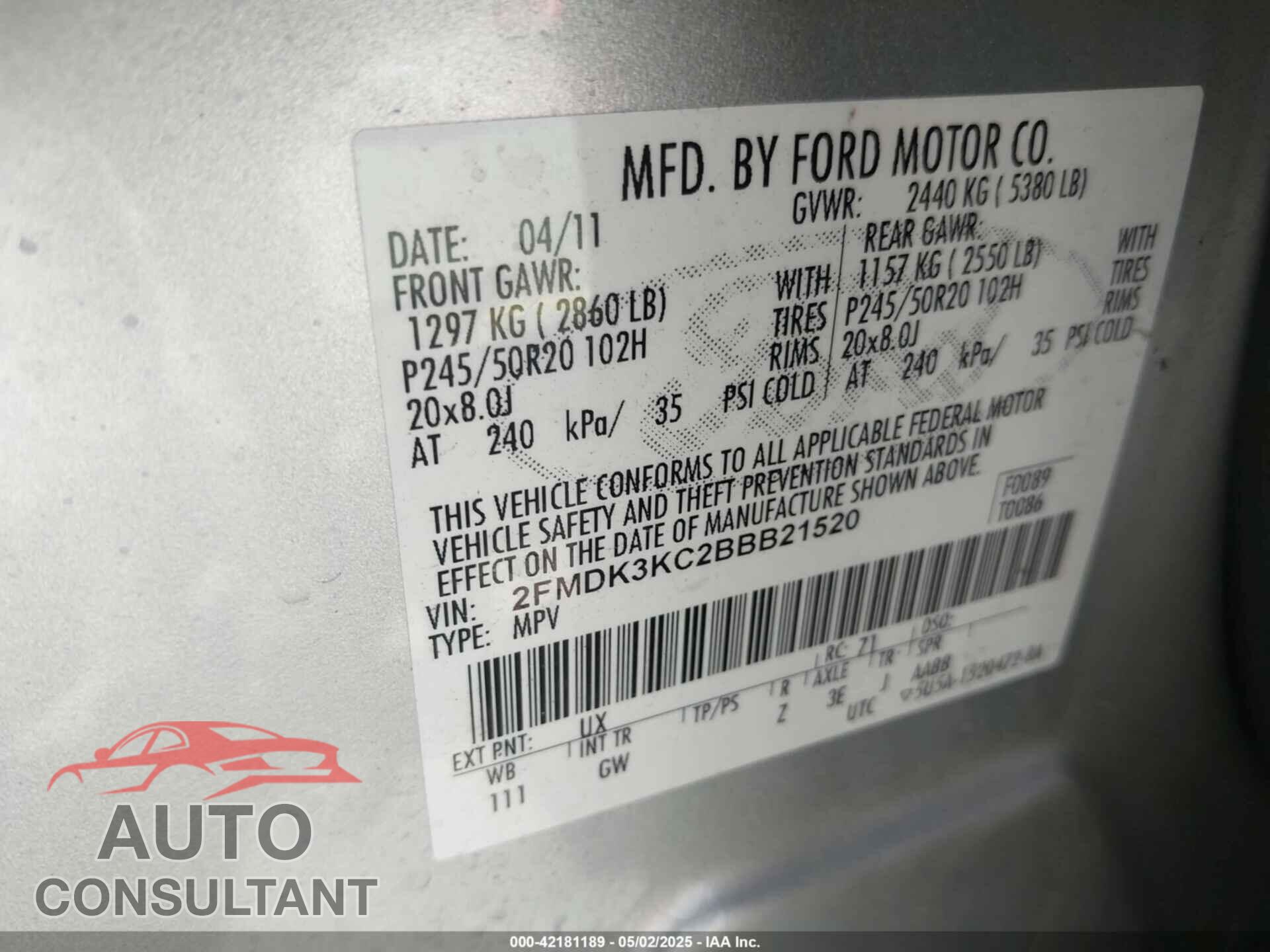 FORD EDGE 2011 - 2FMDK3KC2BBB21520