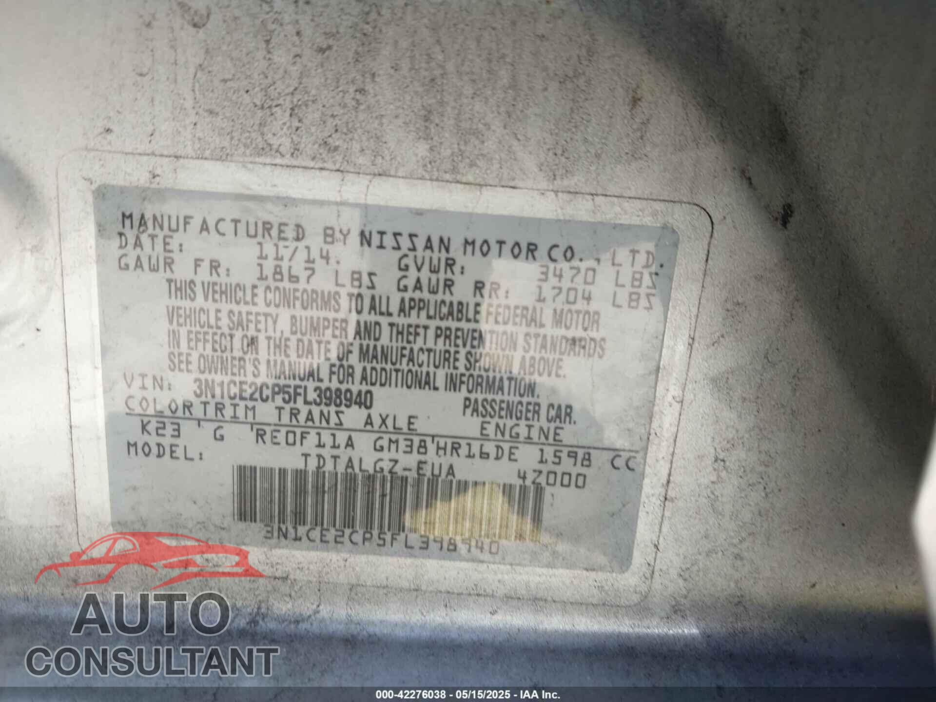 NISSAN VERSA NOTE 2015 - 3N1CE2CP5FL398940