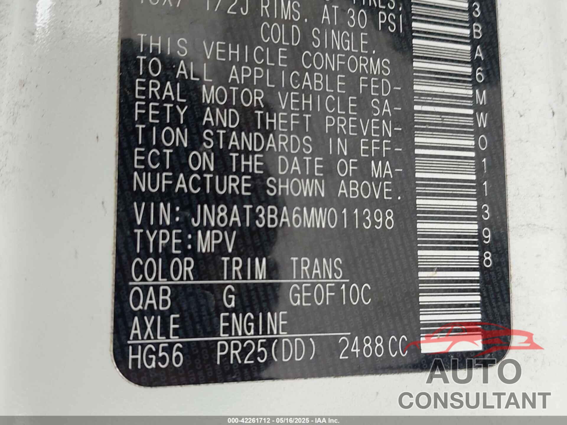 NISSAN ROGUE 2021 - JN8AT3BA6MW011398