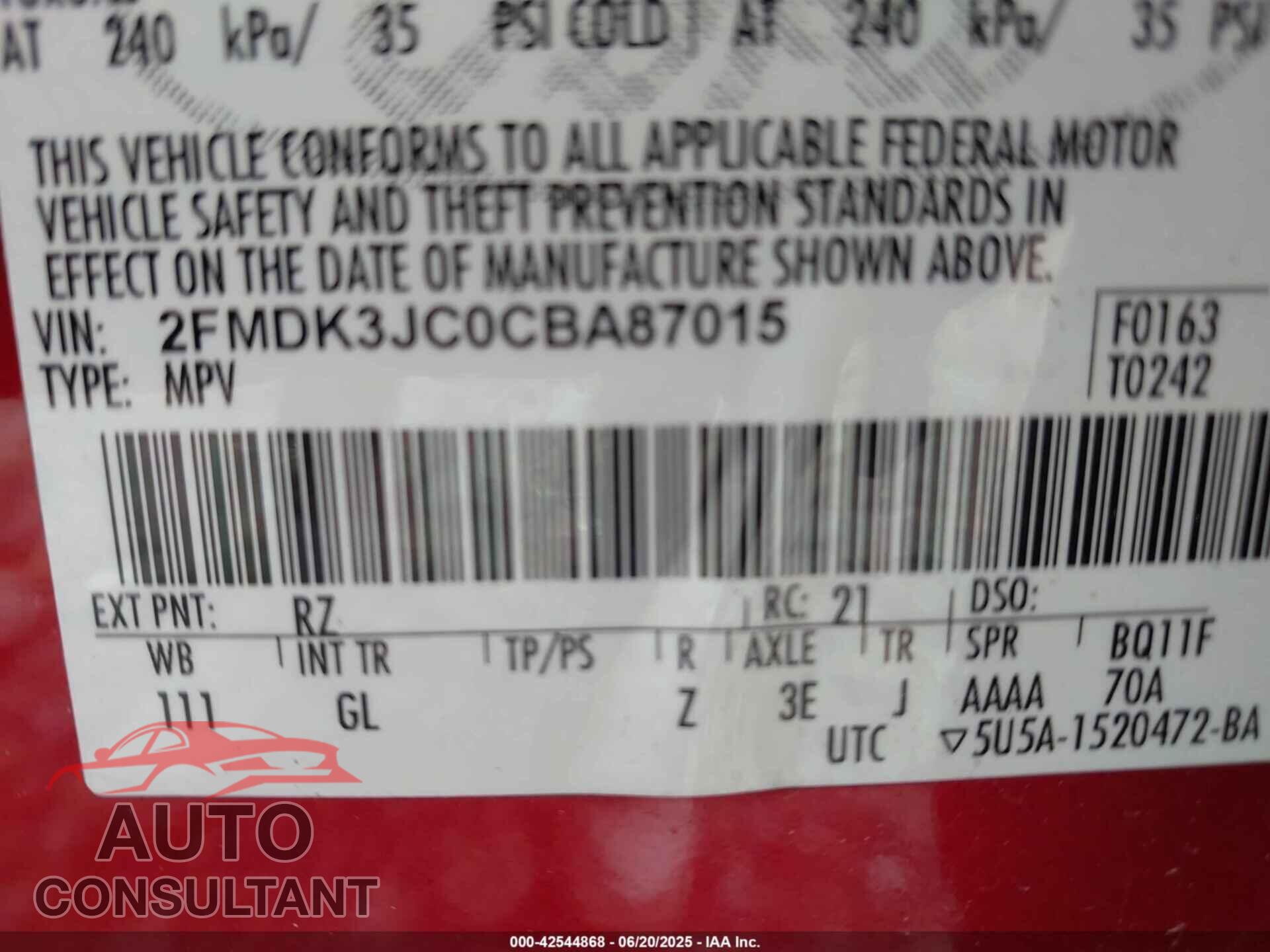 FORD EDGE 2012 - 2FMDK3JC0CBA87015