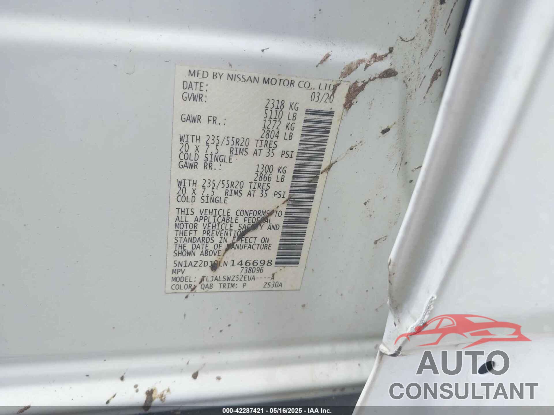 NISSAN MURANO 2020 - 5N1AZ2DJ0LN146698