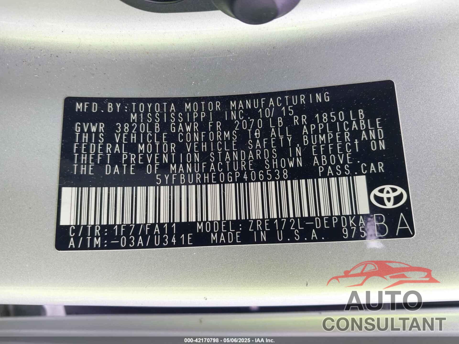 TOYOTA COROLLA 2016 - 5YFBURHE0GP406538