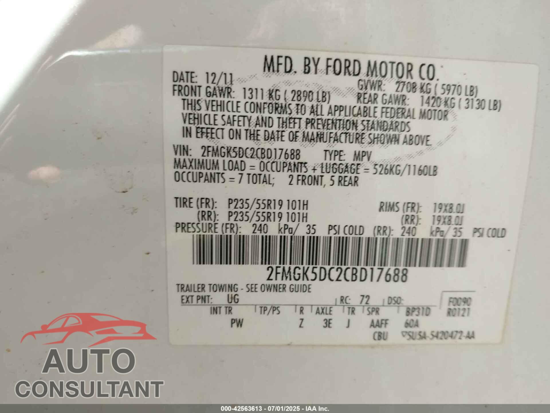 FORD FLEX 2012 - 2FMGK5DC2CBD17688