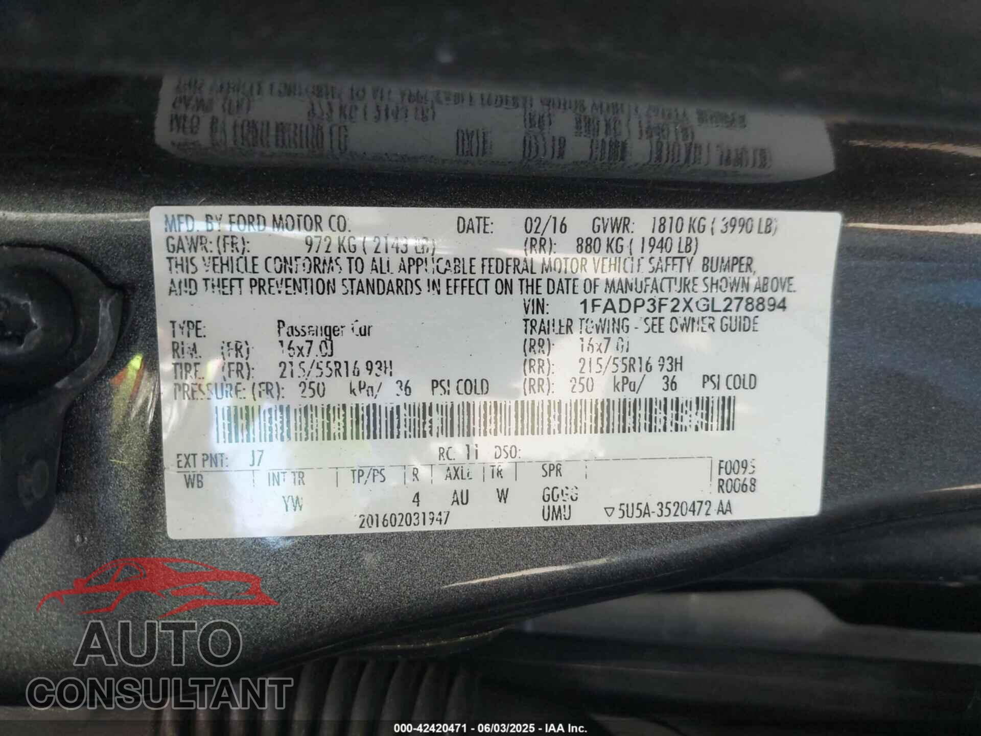 FORD FOCUS 2016 - 1FADP3F2XGL278894