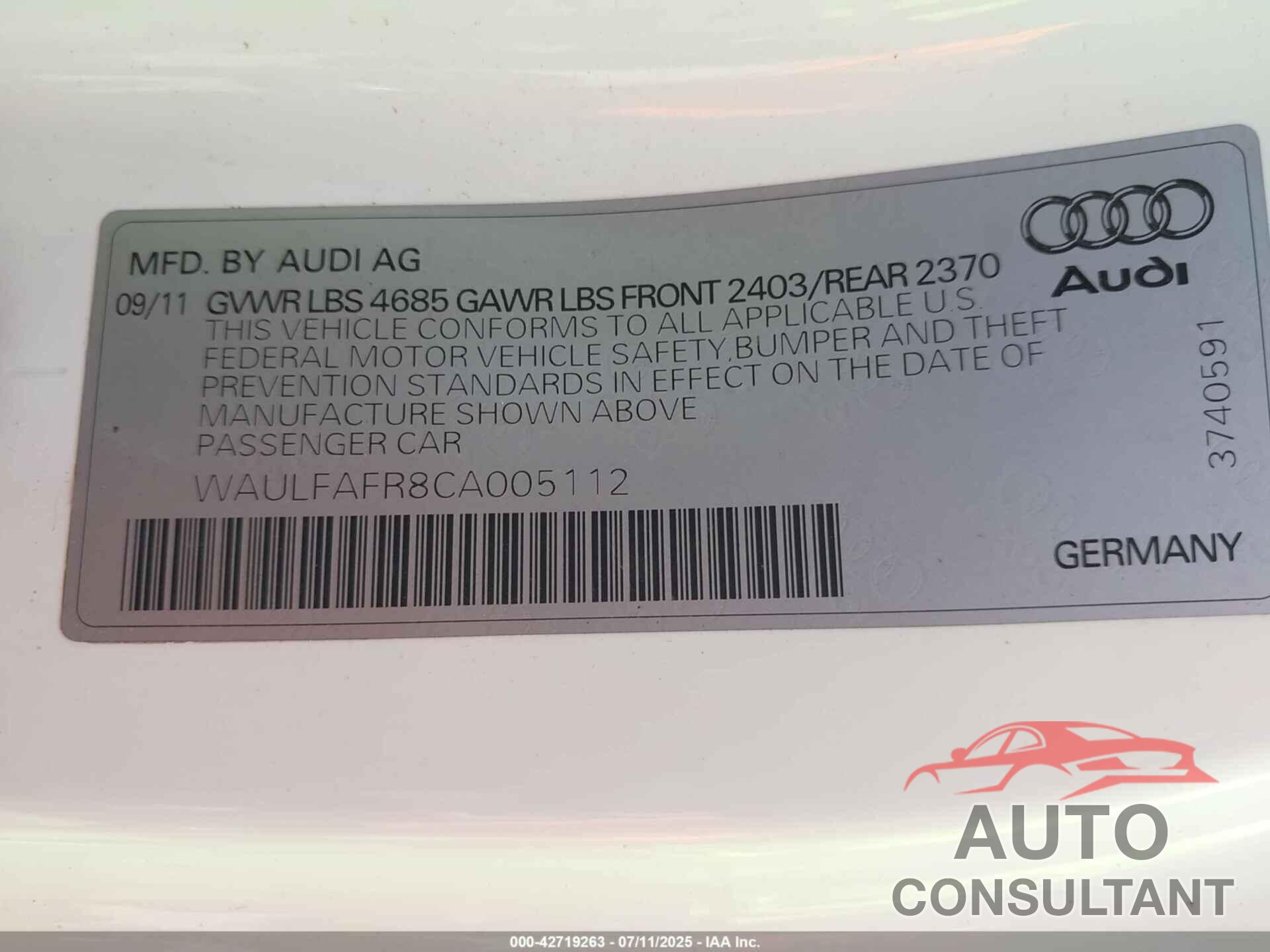 AUDI A5 2012 - WAULFAFR8CA005112