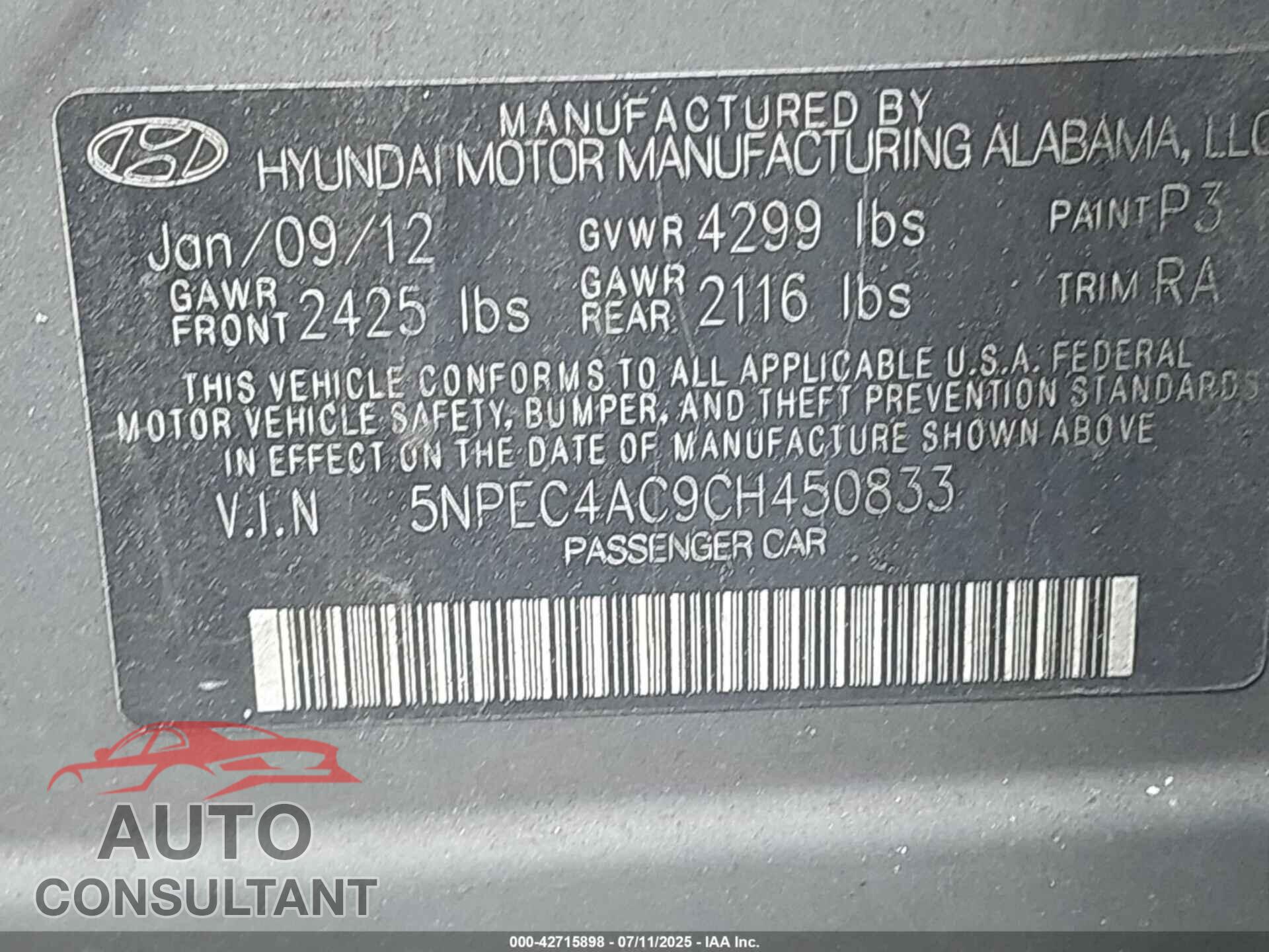 HYUNDAI SONATA 2012 - 5NPEC4AC9CH450833