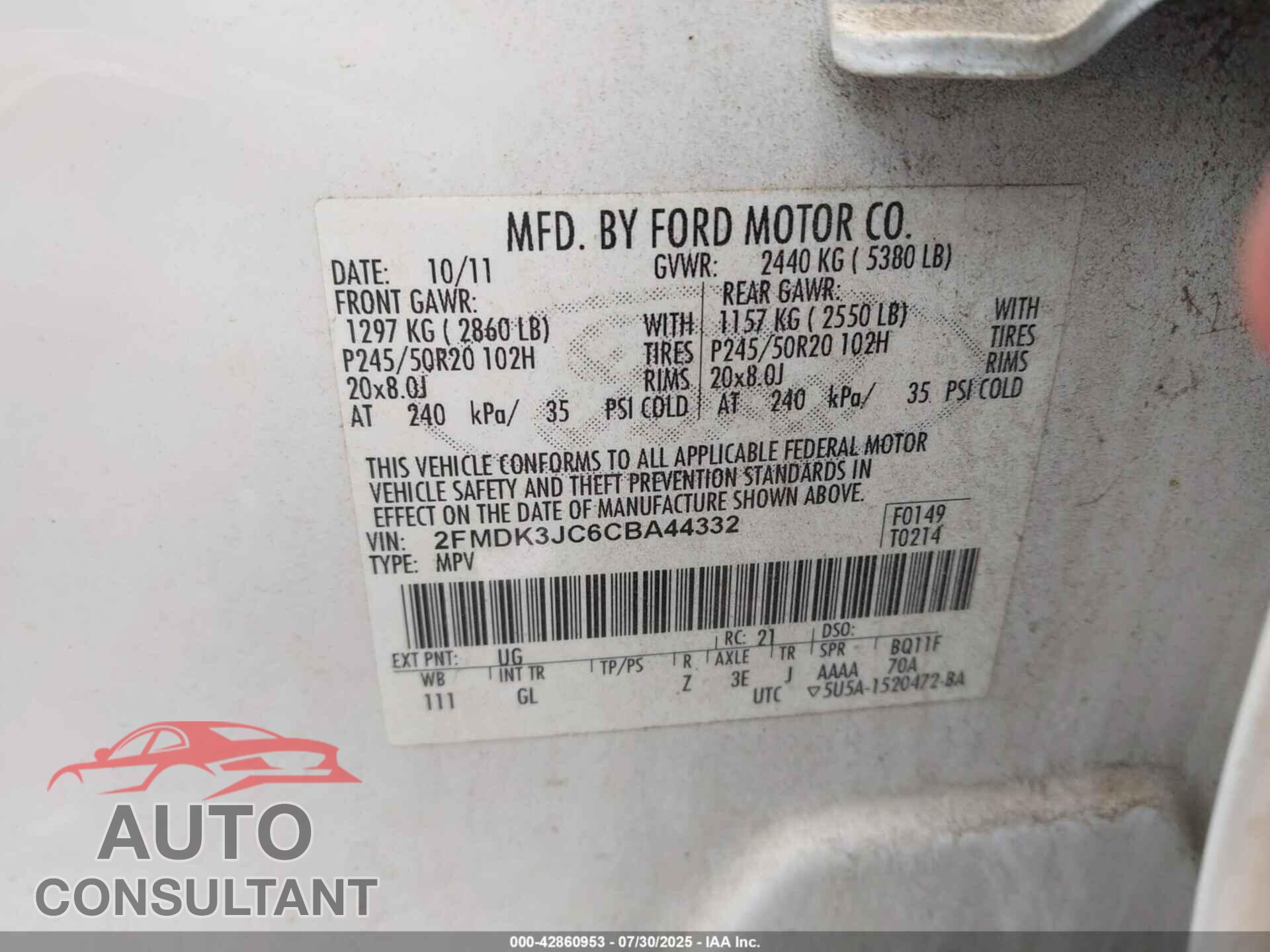 FORD EDGE 2012 - 2FMDK3JC6CBA44332