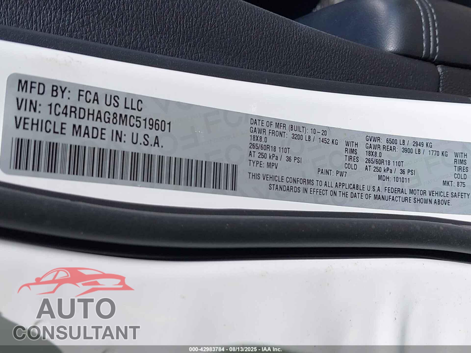 DODGE DURANGO 2021 - 1C4RDHAG8MC519601