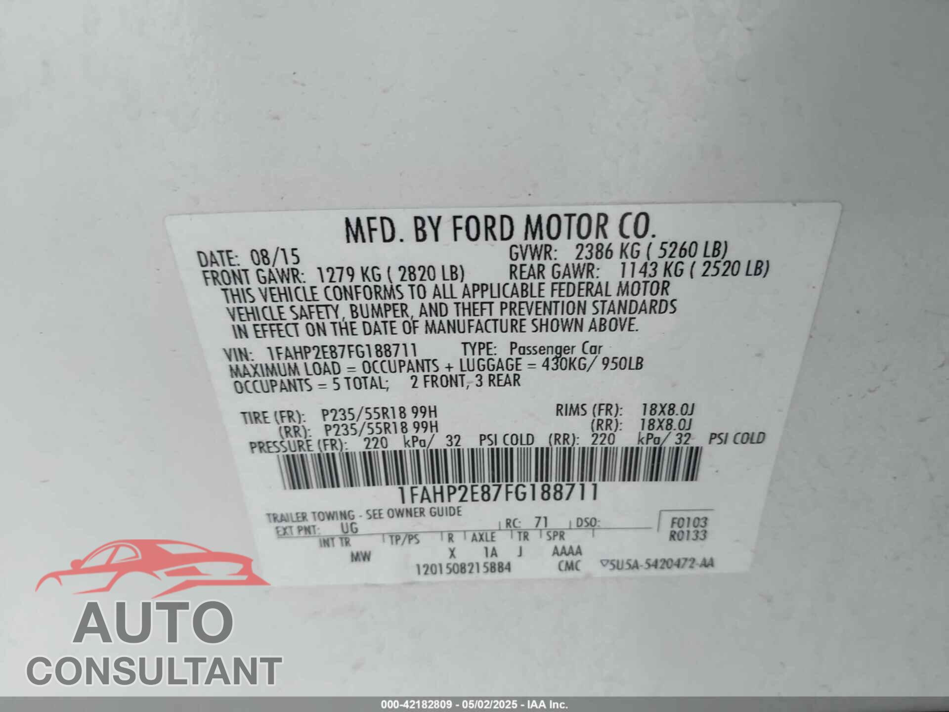 FORD TAURUS 2015 - 1FAHP2E87FG188711