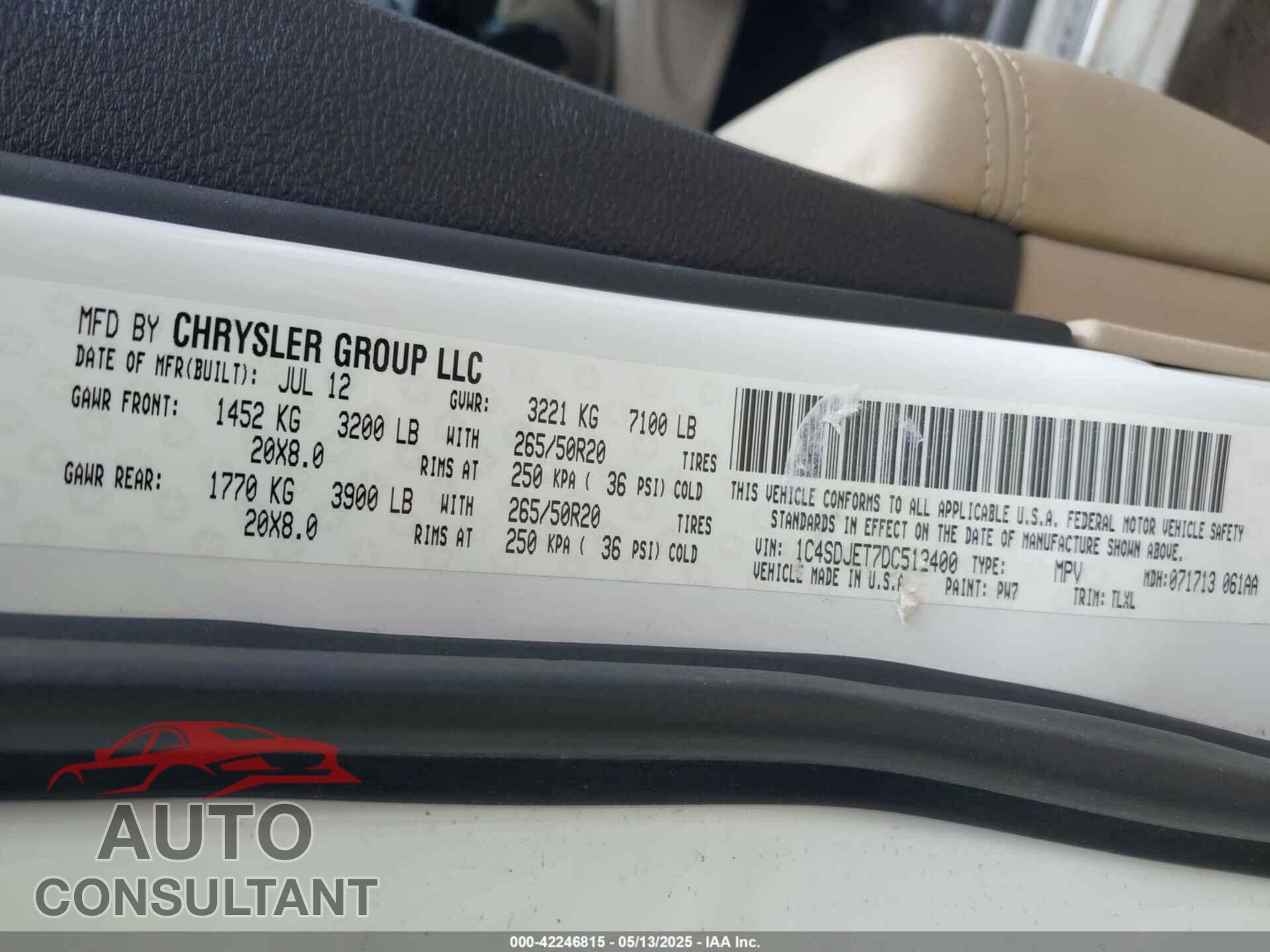 DODGE DURANGO 2013 - 1C4SDJET7DC512400