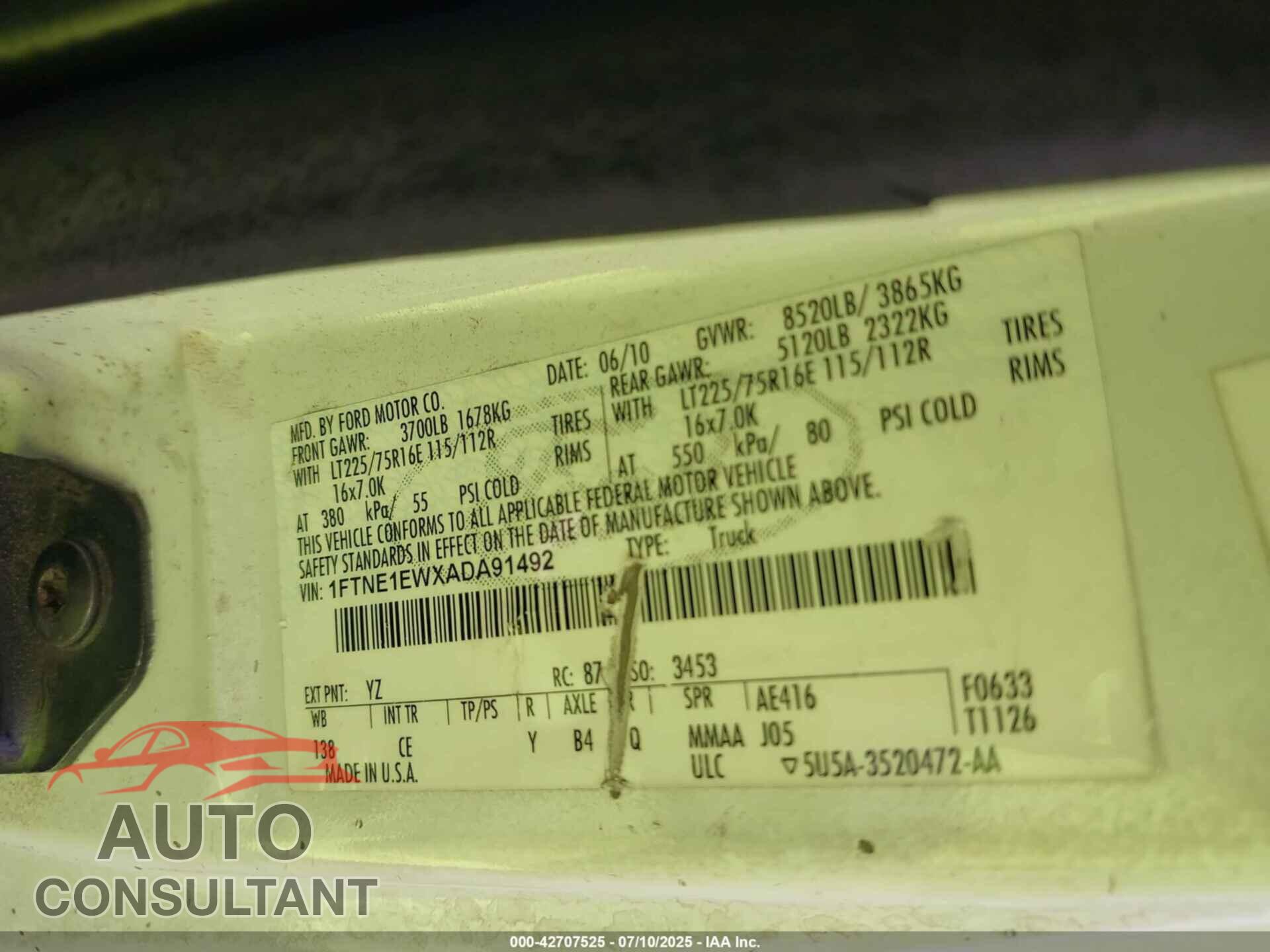 FORD E-150 2010 - 1FTNE1EWXADA91492
