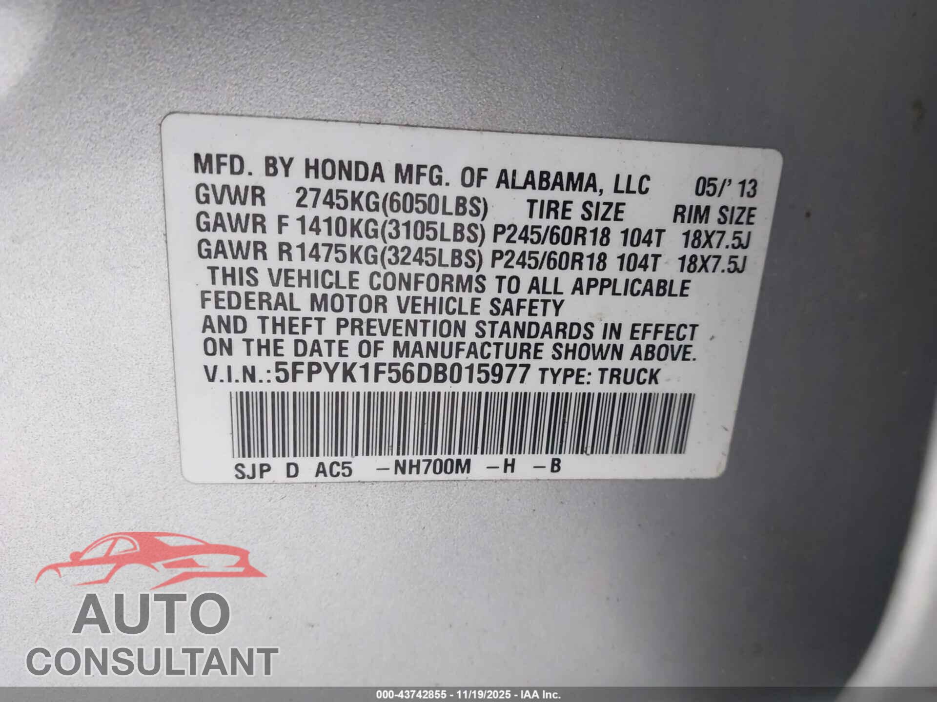 HONDA RIDGELINE 2013 - 5FPYK1F56DB015977