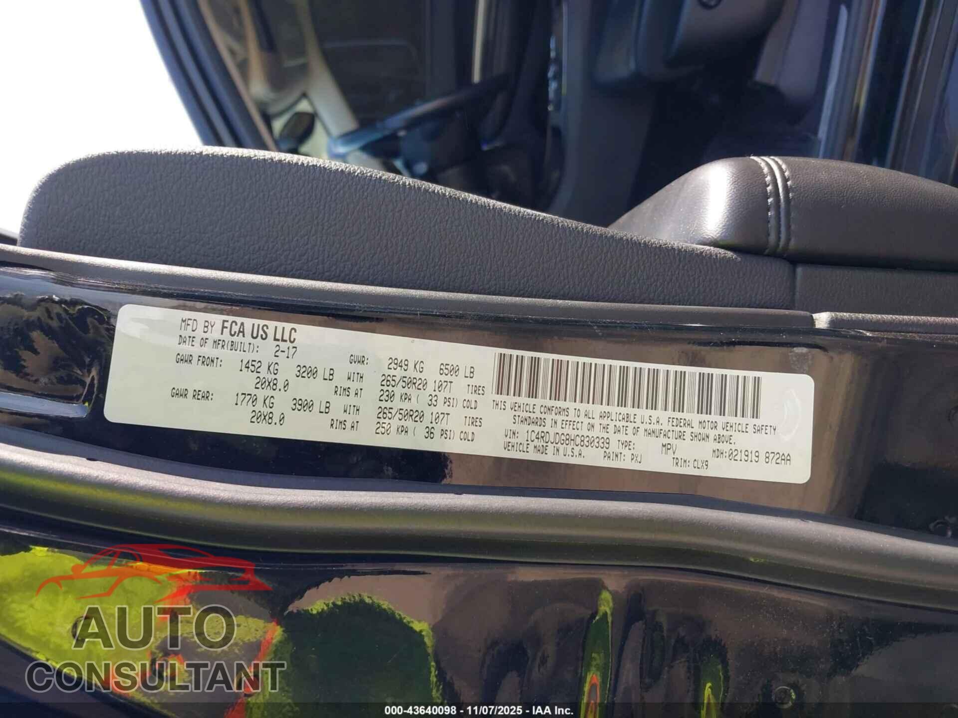 DODGE DURANGO 2017 - 1C4RDJDG8HC830339