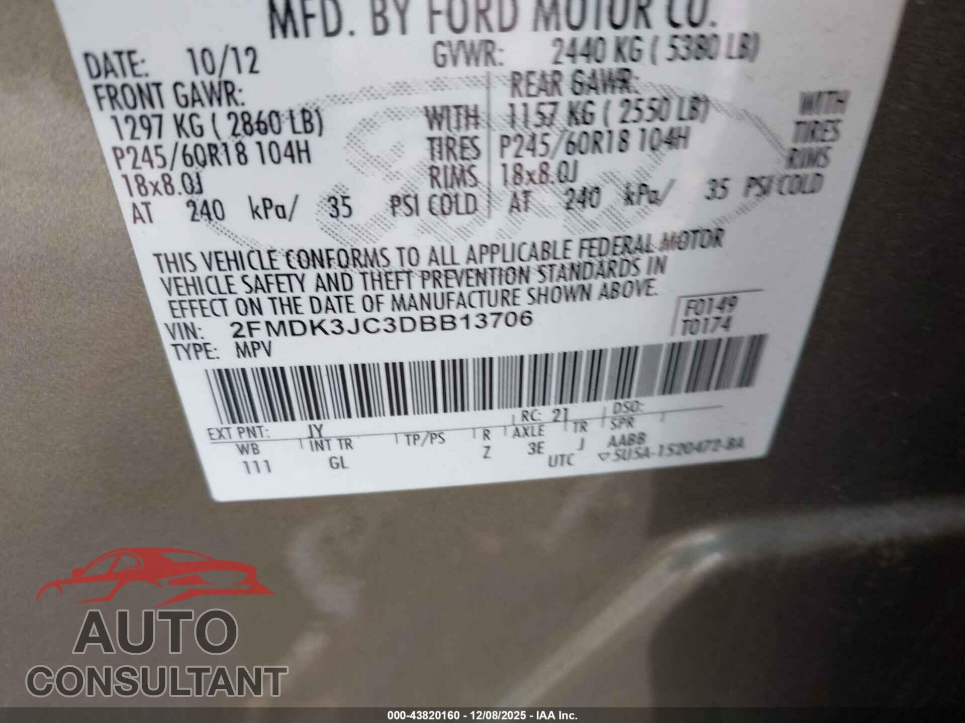 FORD EDGE 2013 - 2FMDK3JC3DBB13706