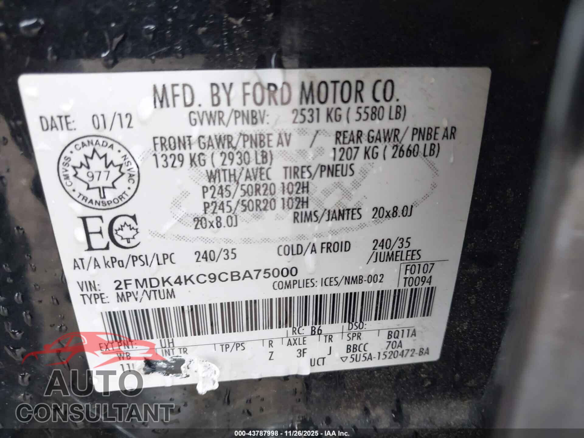 FORD EDGE 2012 - 2FMDK4KC9CBA75000