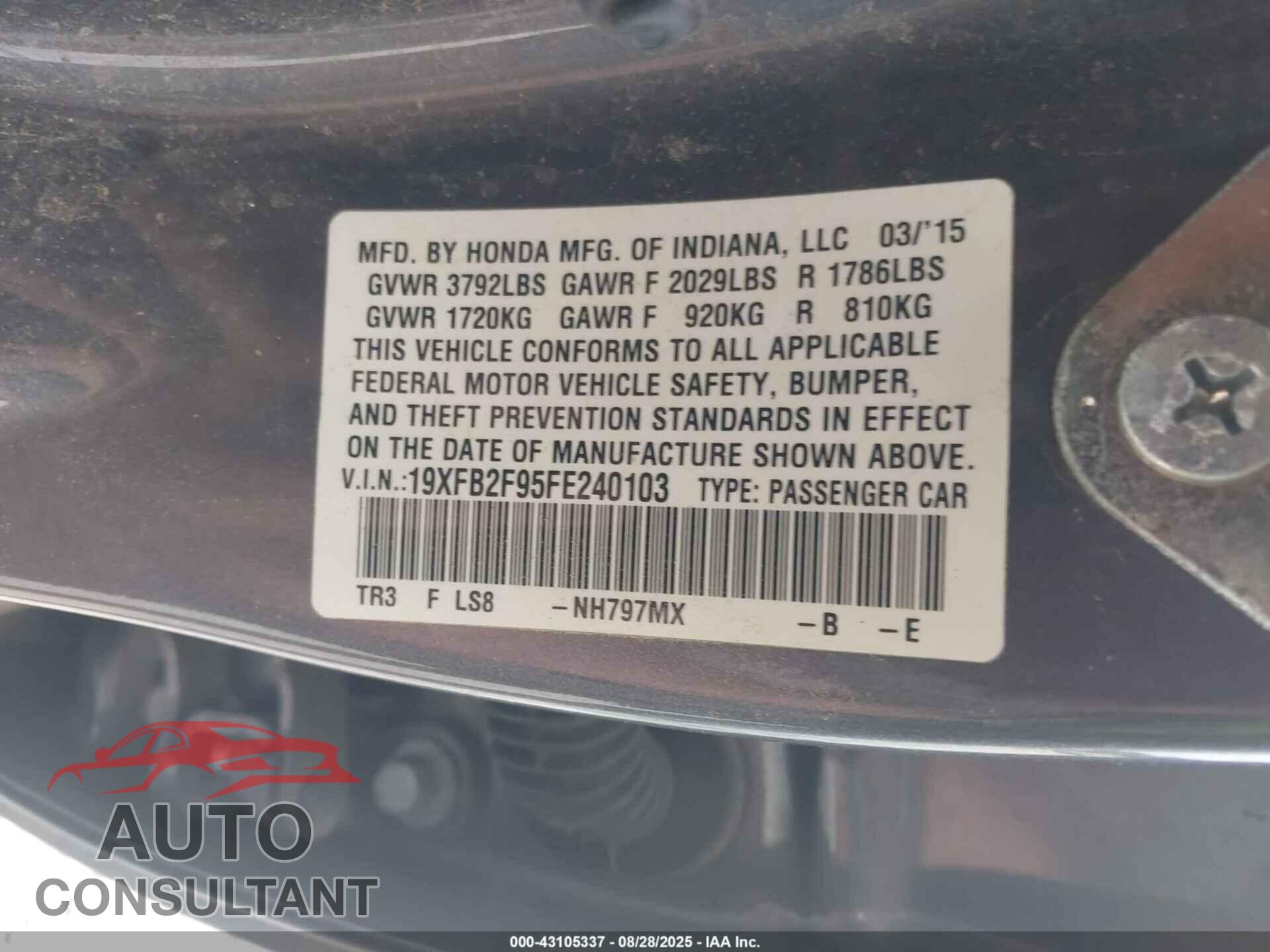HONDA CIVIC 2015 - 19XFB2F95FE240103