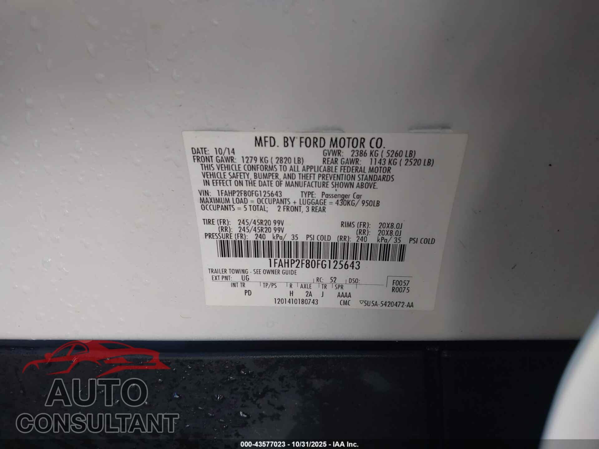 FORD TAURUS 2015 - 1FAHP2F80FG125643