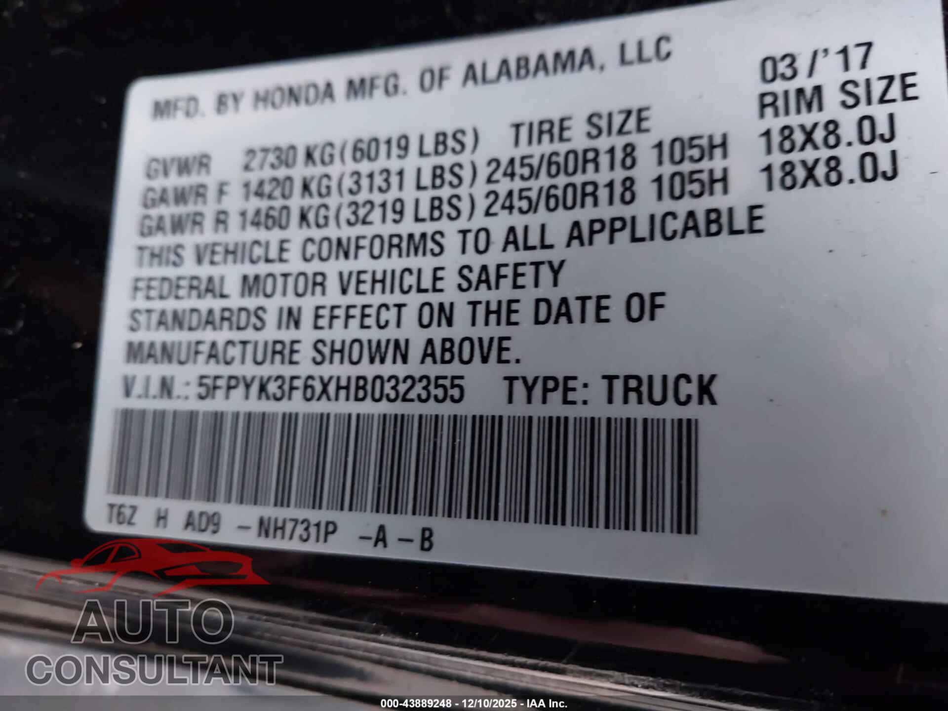 HONDA RIDGELINE 2017 - 5FPYK3F6XHB032355