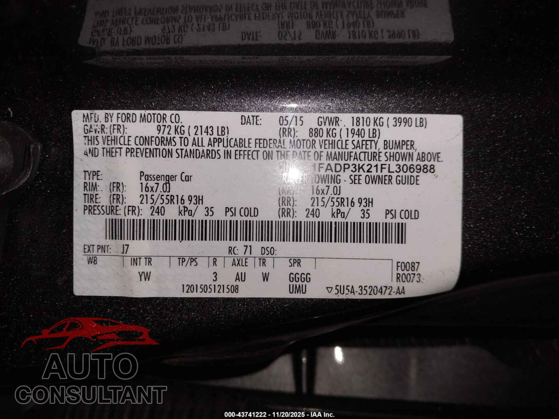 FORD FOCUS 2015 - 1FADP3K21FL306988