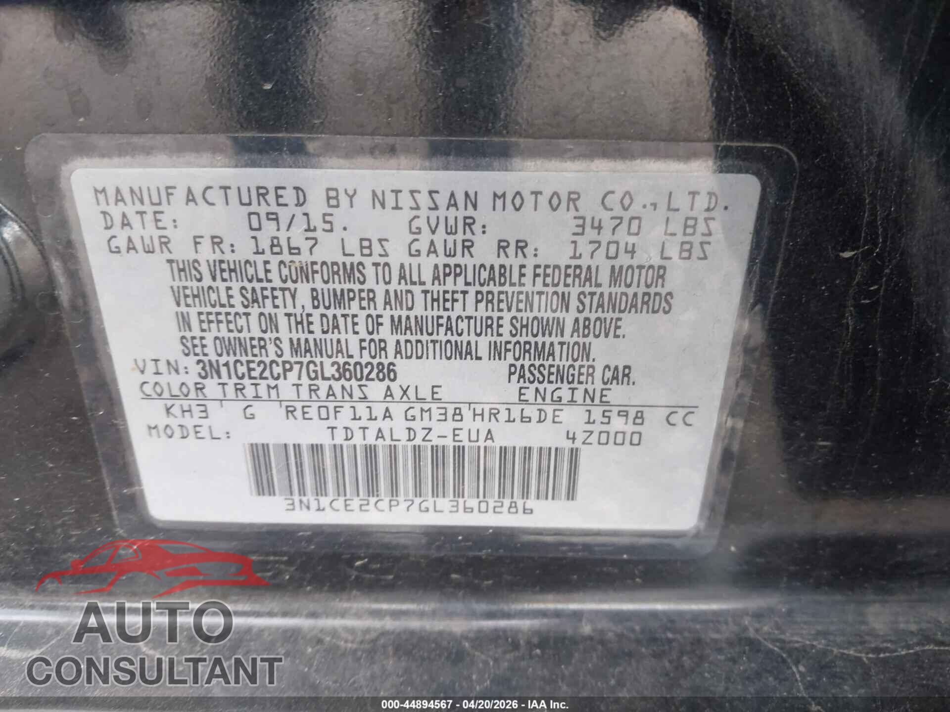 NISSAN VERSA NOTE 2016 - 3N1CE2CP7GL360286