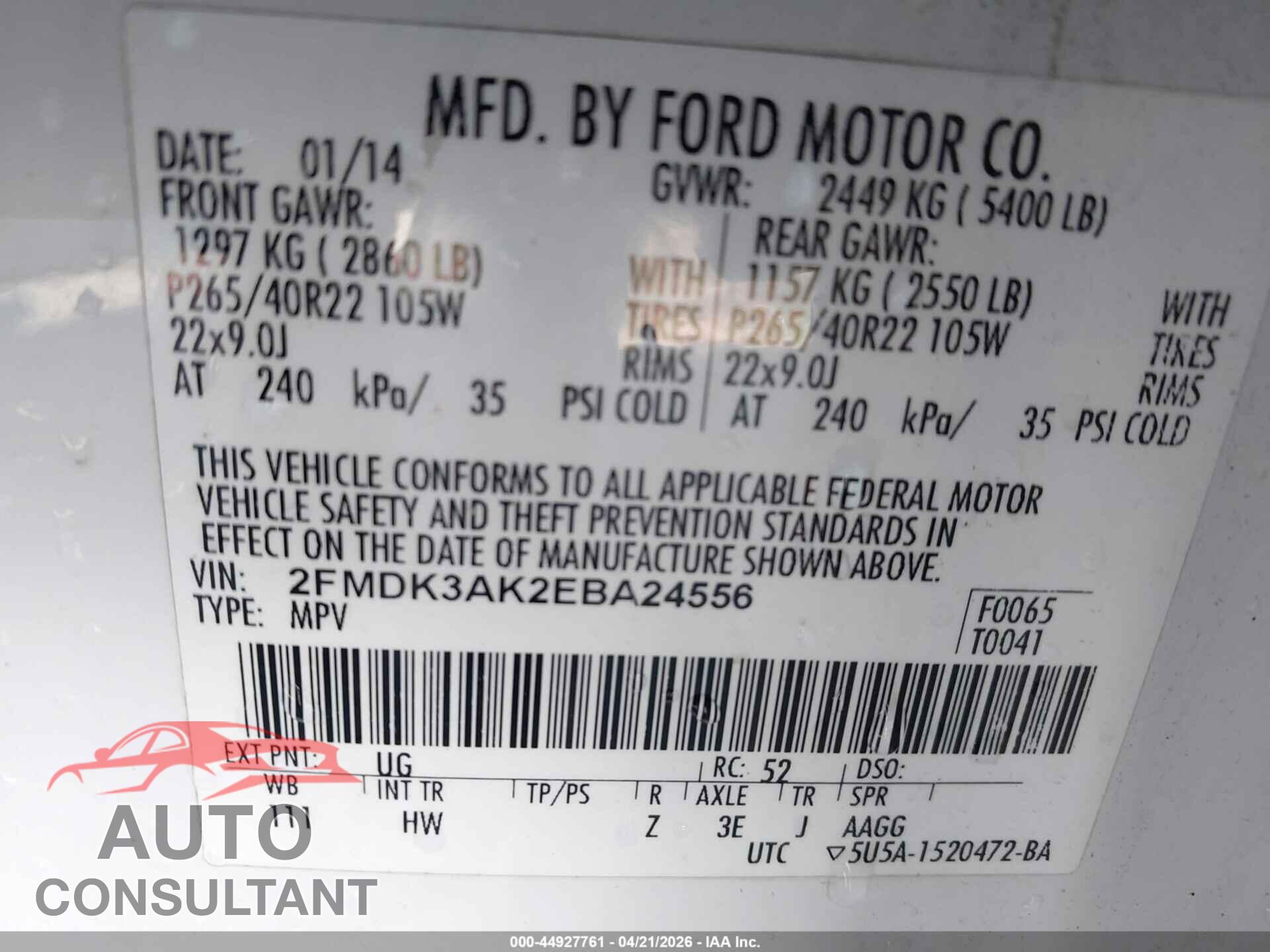 FORD EDGE 2014 - 2FMDK3AK2EBA24556
