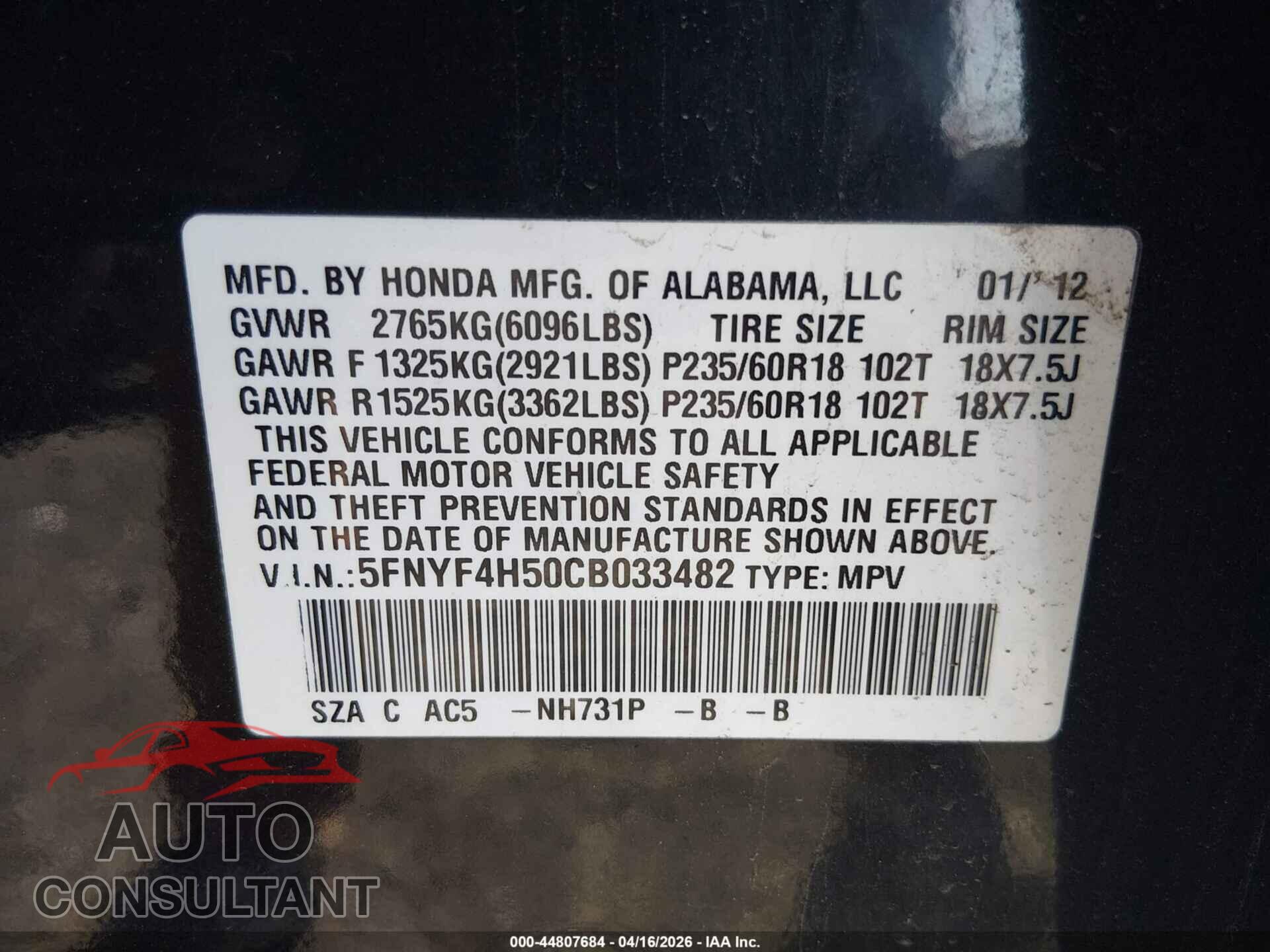HONDA PILOT 2012 - 5FNYF4H50CB033482