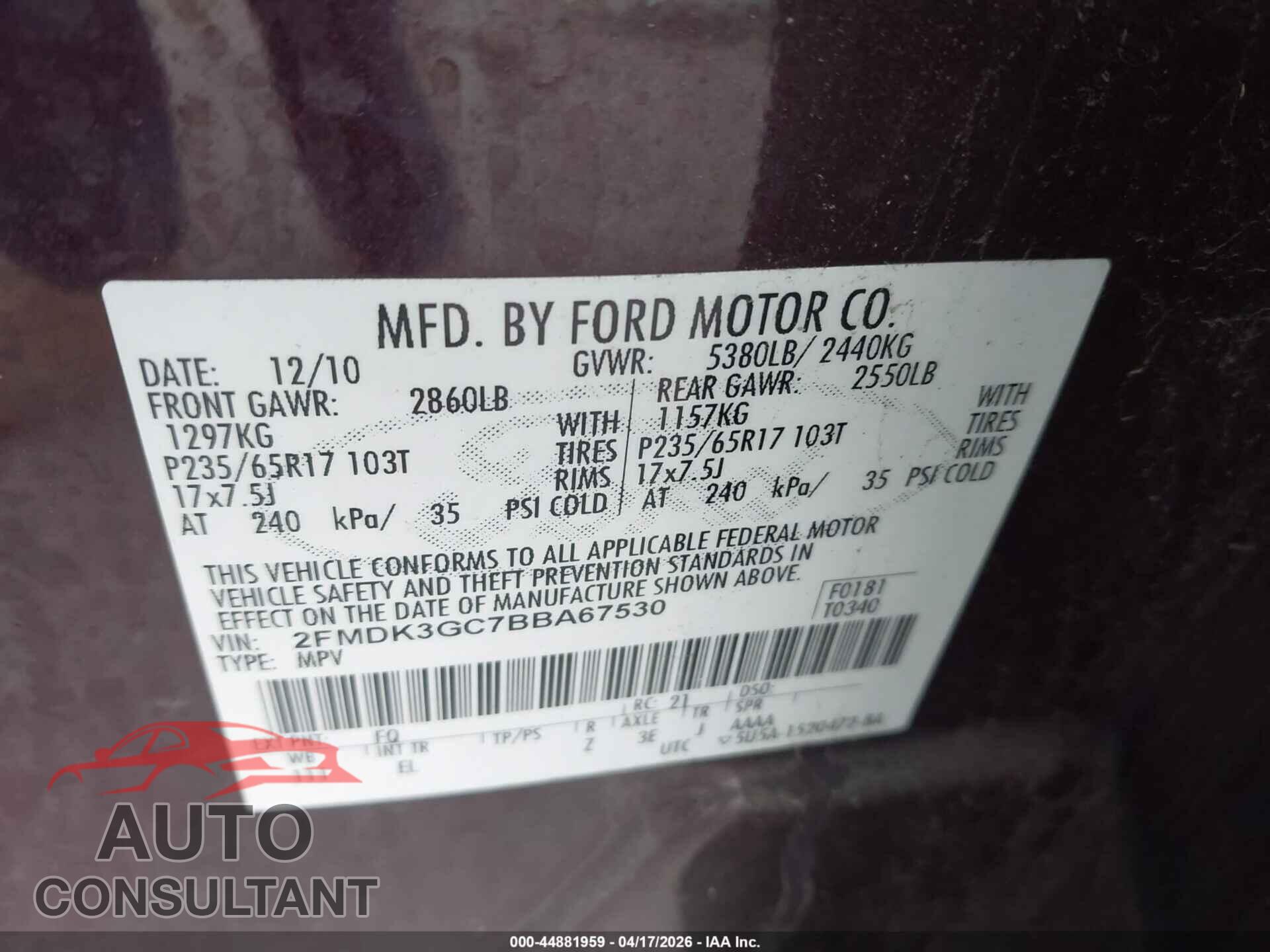 FORD EDGE 2011 - 2FMDK3GC7BBA67530