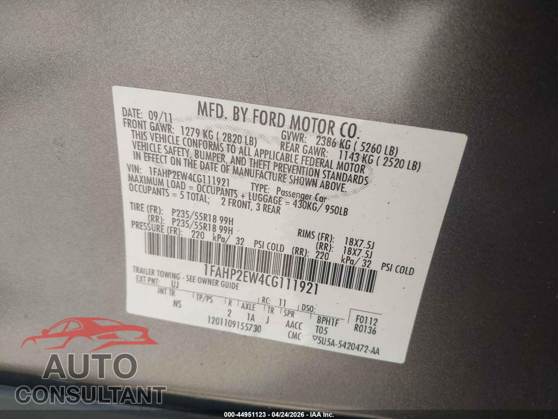 FORD TAURUS 2012 - 1FAHP2EW4CG111921