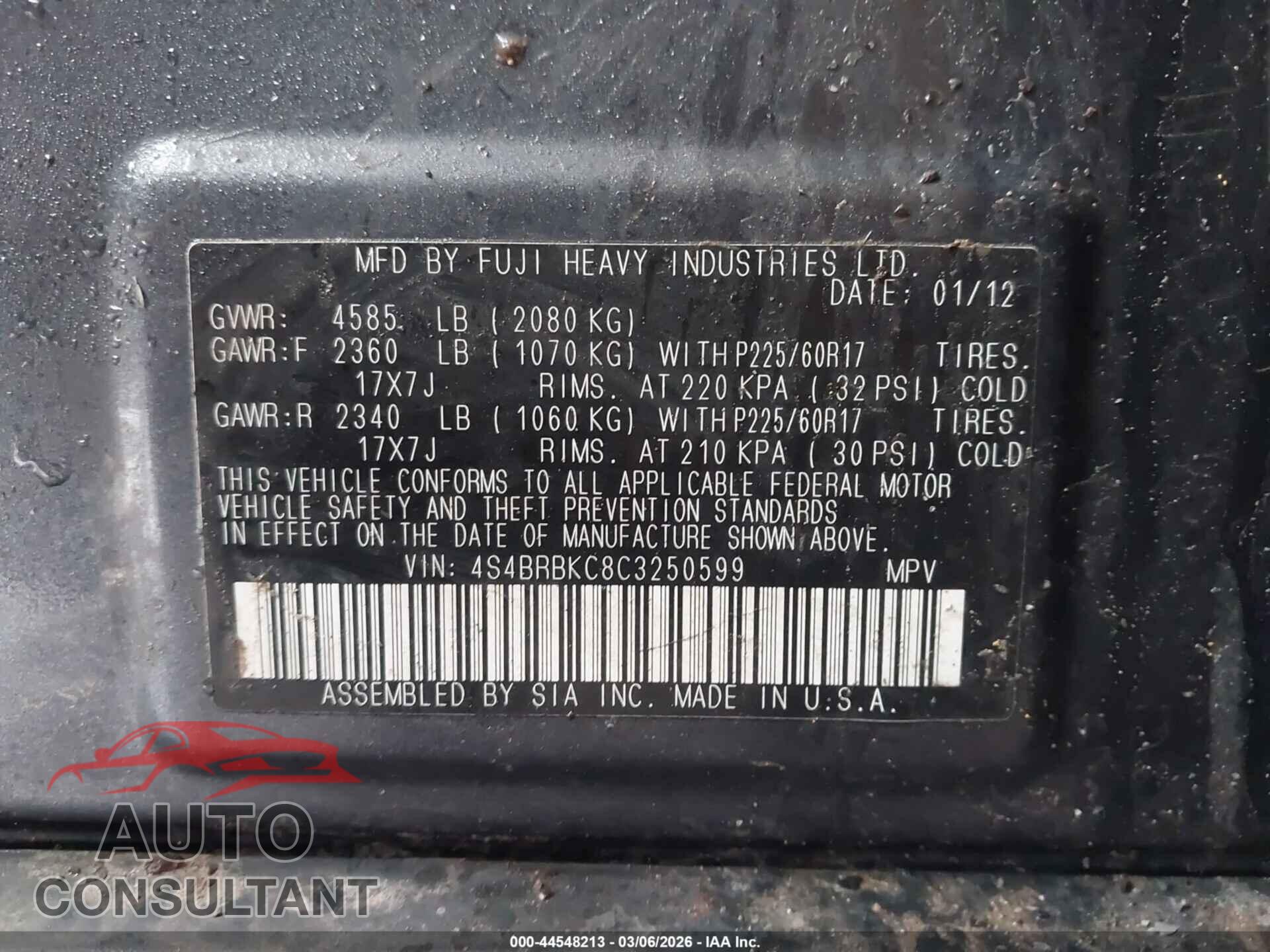 SUBARU OUTBACK 2012 - 4S4BRBKC8C3250599