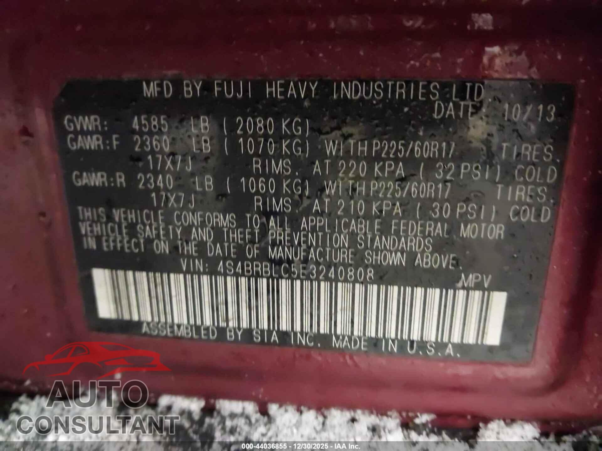SUBARU OUTBACK 2014 - 4S4BRBLC5E3240808