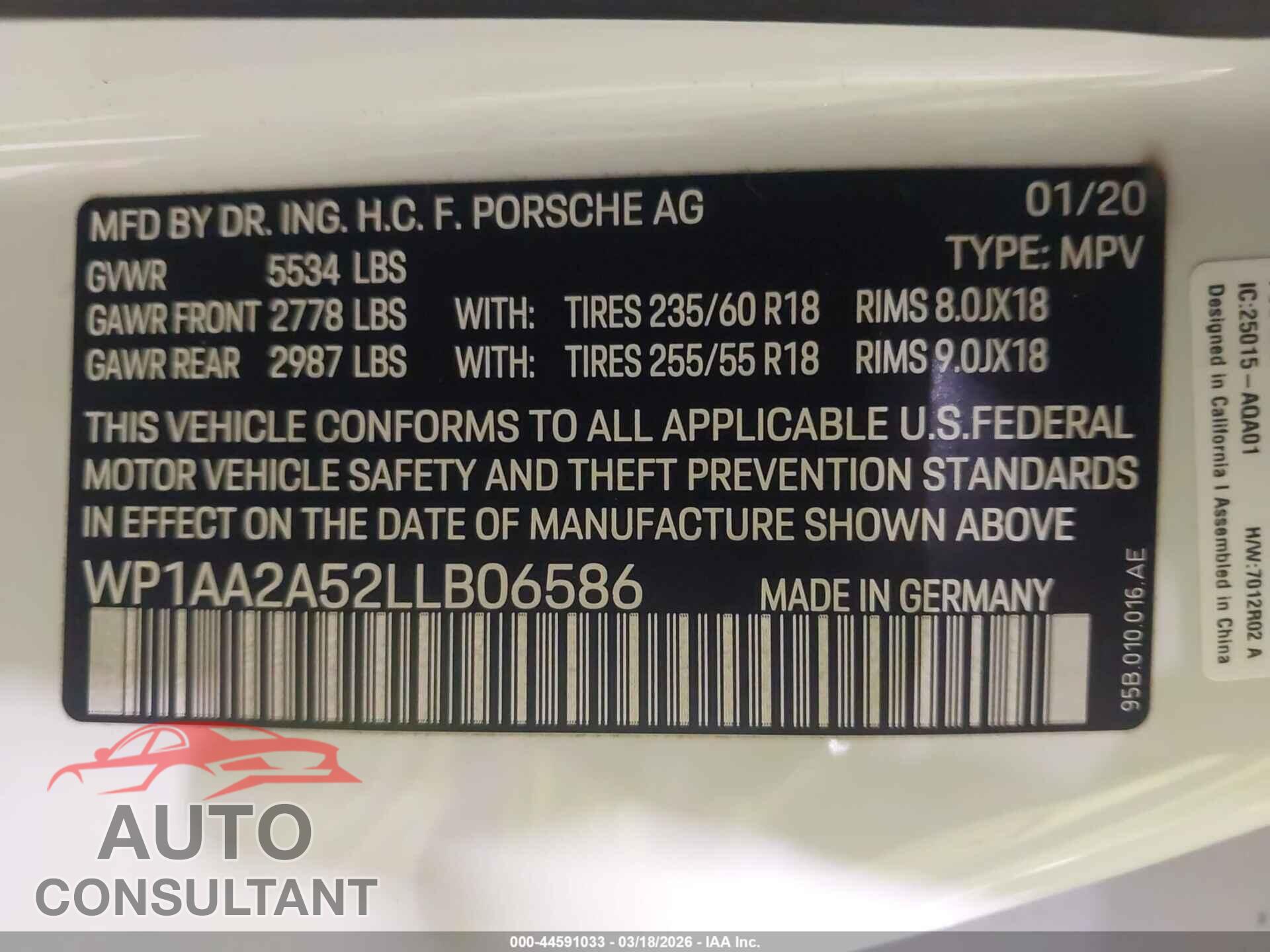 PORSCHE MACAN 2020 - WP1AA2A52LLB06586