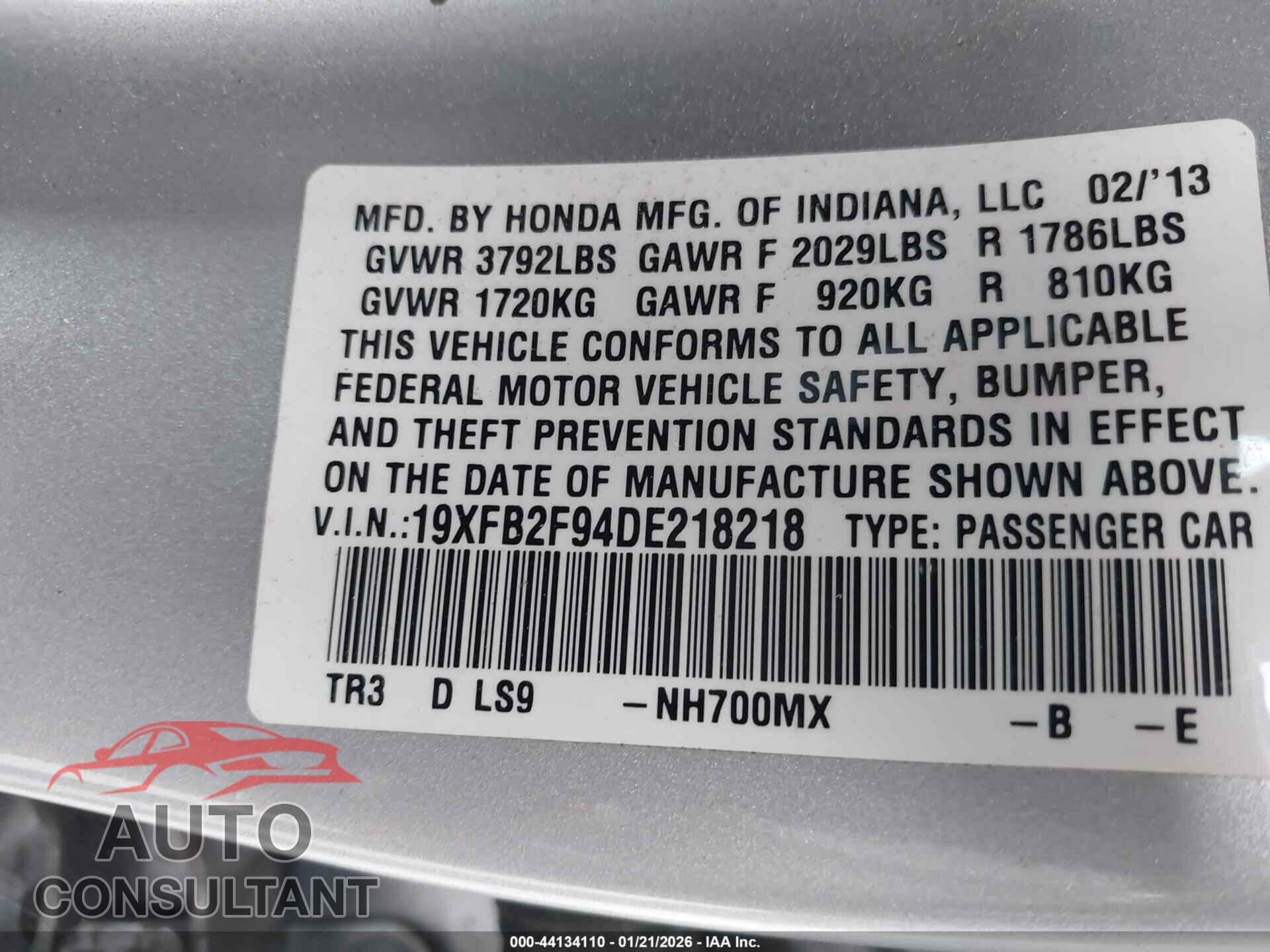 HONDA CIVIC 2013 - 19XFB2F94DE218218