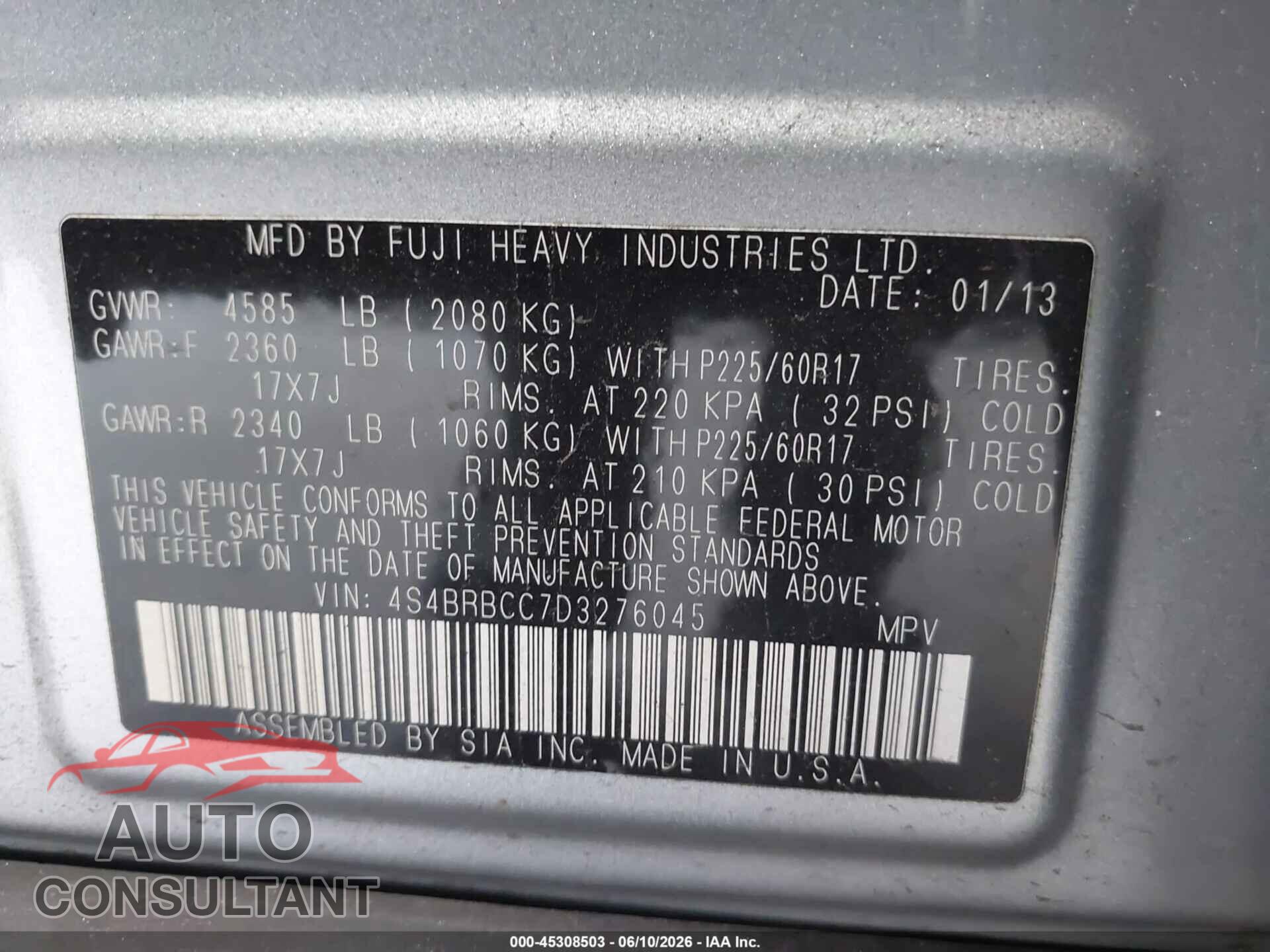 SUBARU OUTBACK 2013 - 4S4BRBCC7D3276045