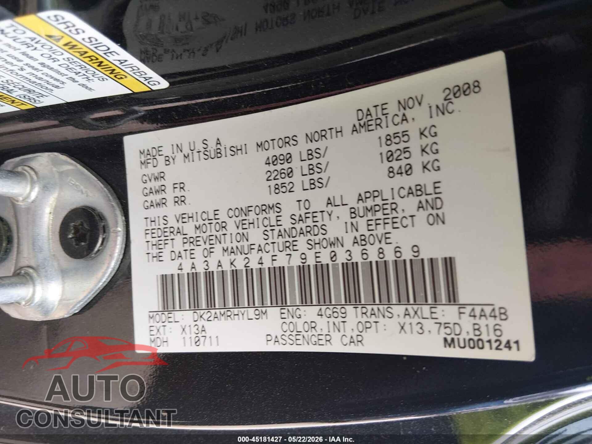 MITSUBISHI ECLIPSE 2009 - 4A3AK24F79E036869