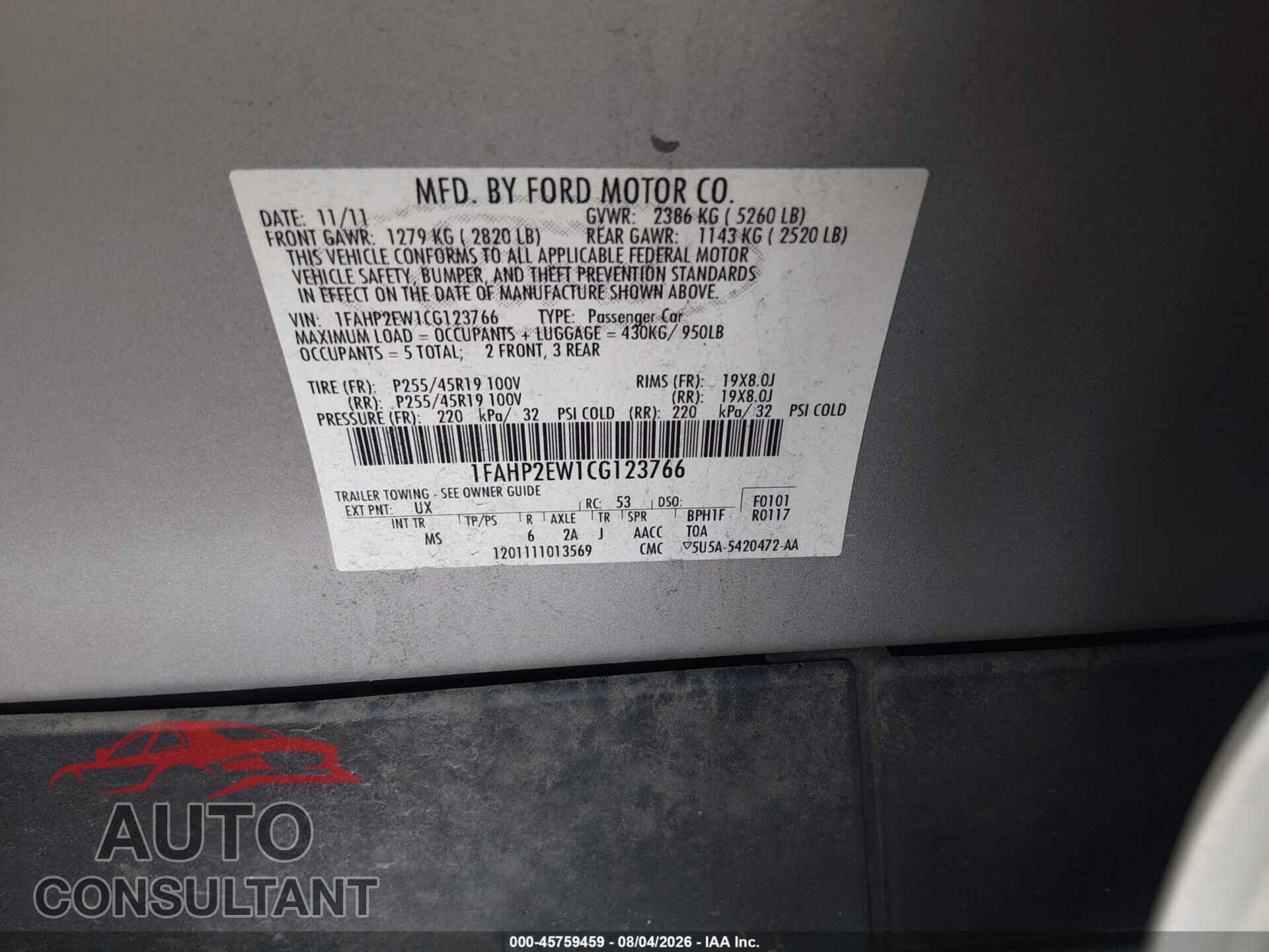 FORD TAURUS 2012 - 1FAHP2EW1CG123766