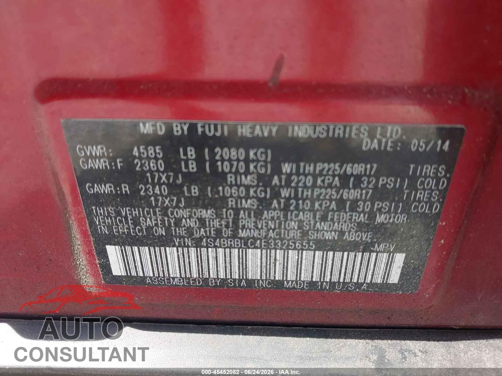 SUBARU OUTBACK 2014 - 4S4BRBLC4E3325655