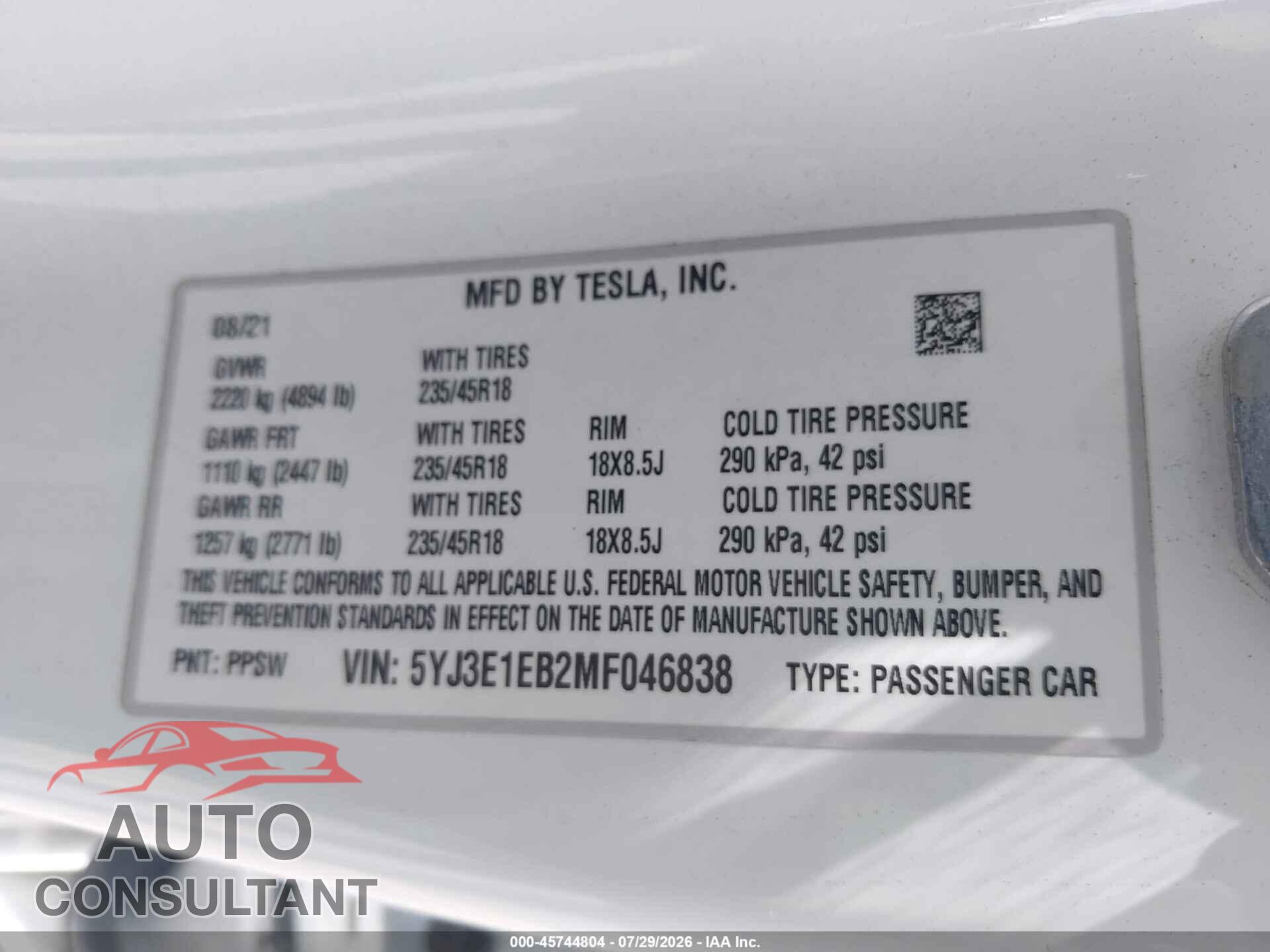 TESLA MODEL 3 2021 - 5YJ3E1EB2MF046838
