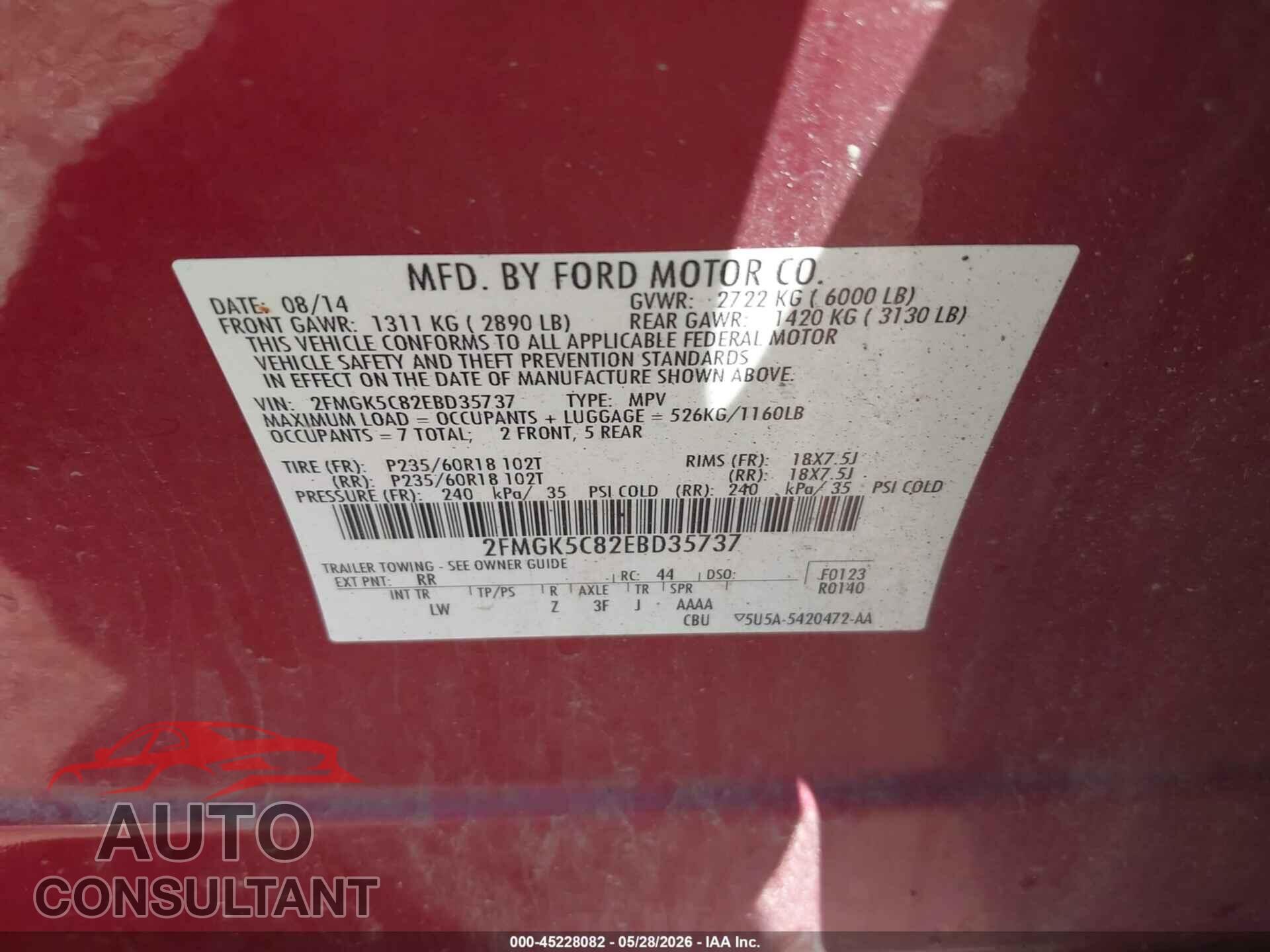 FORD FLEX 2014 - 2FMGK5C82EBD35737