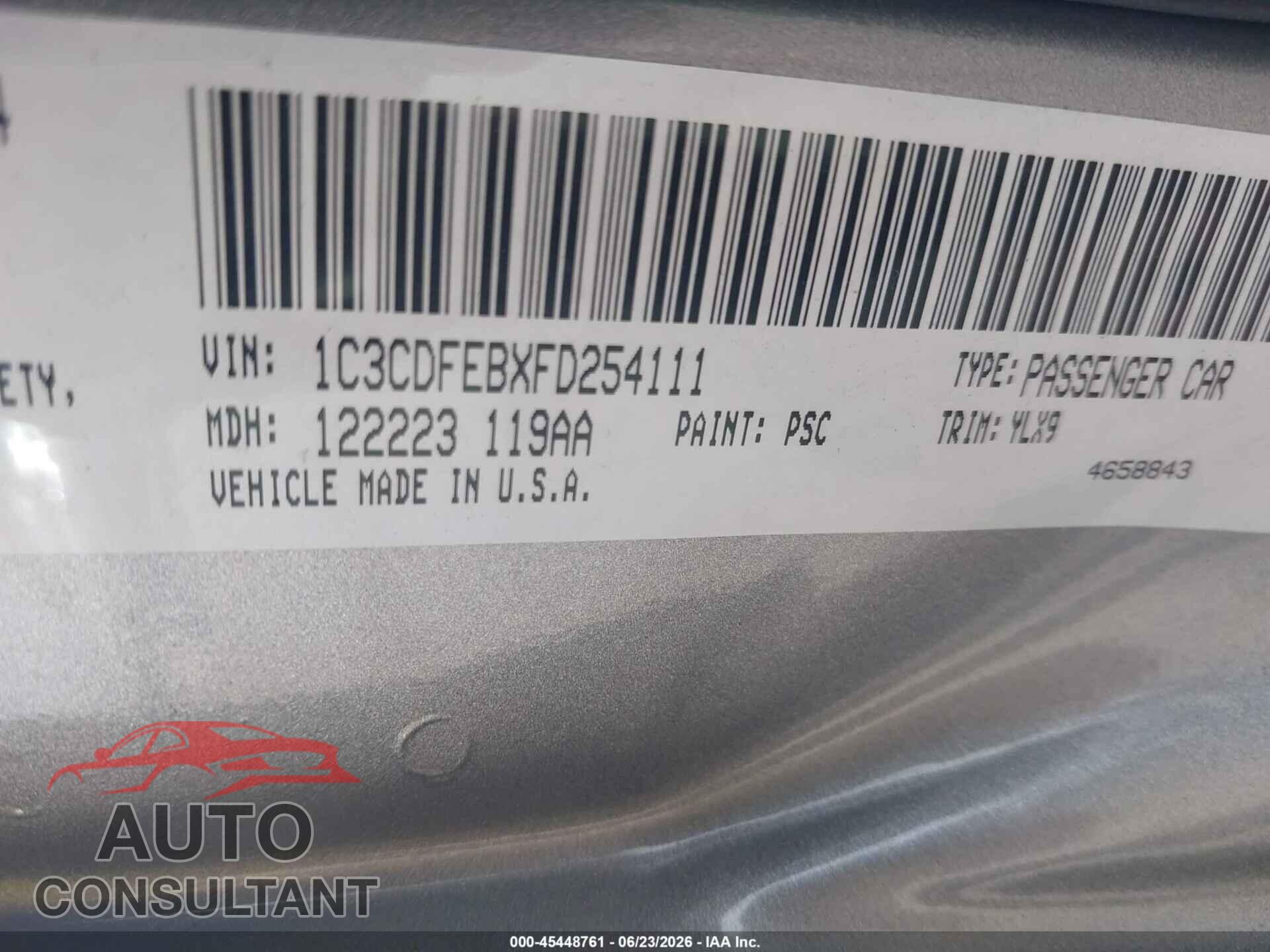 DODGE DART 2015 - 1C3CDFEBXFD254111