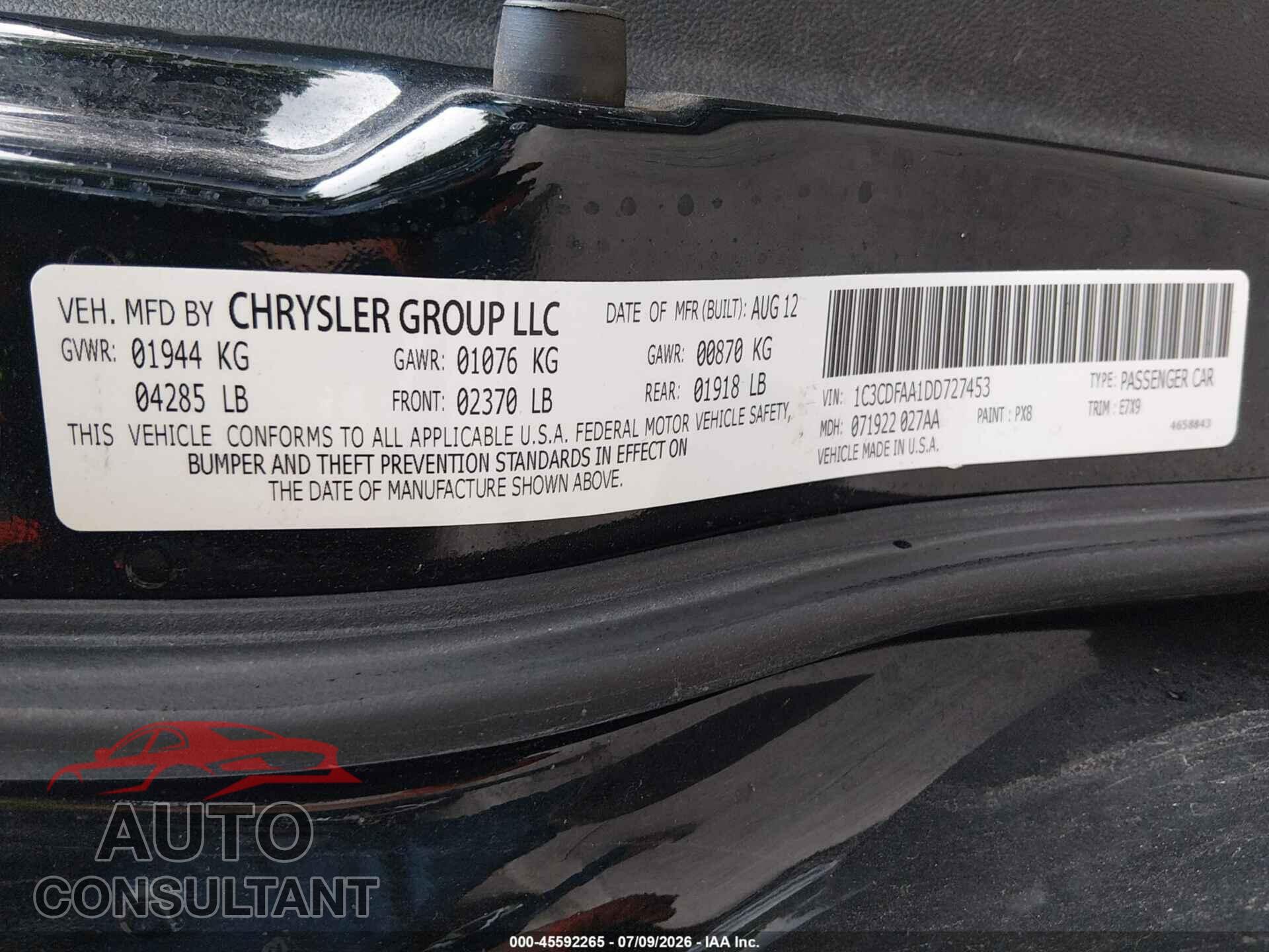 DODGE DART 2013 - 1C3CDFAA1DD727453