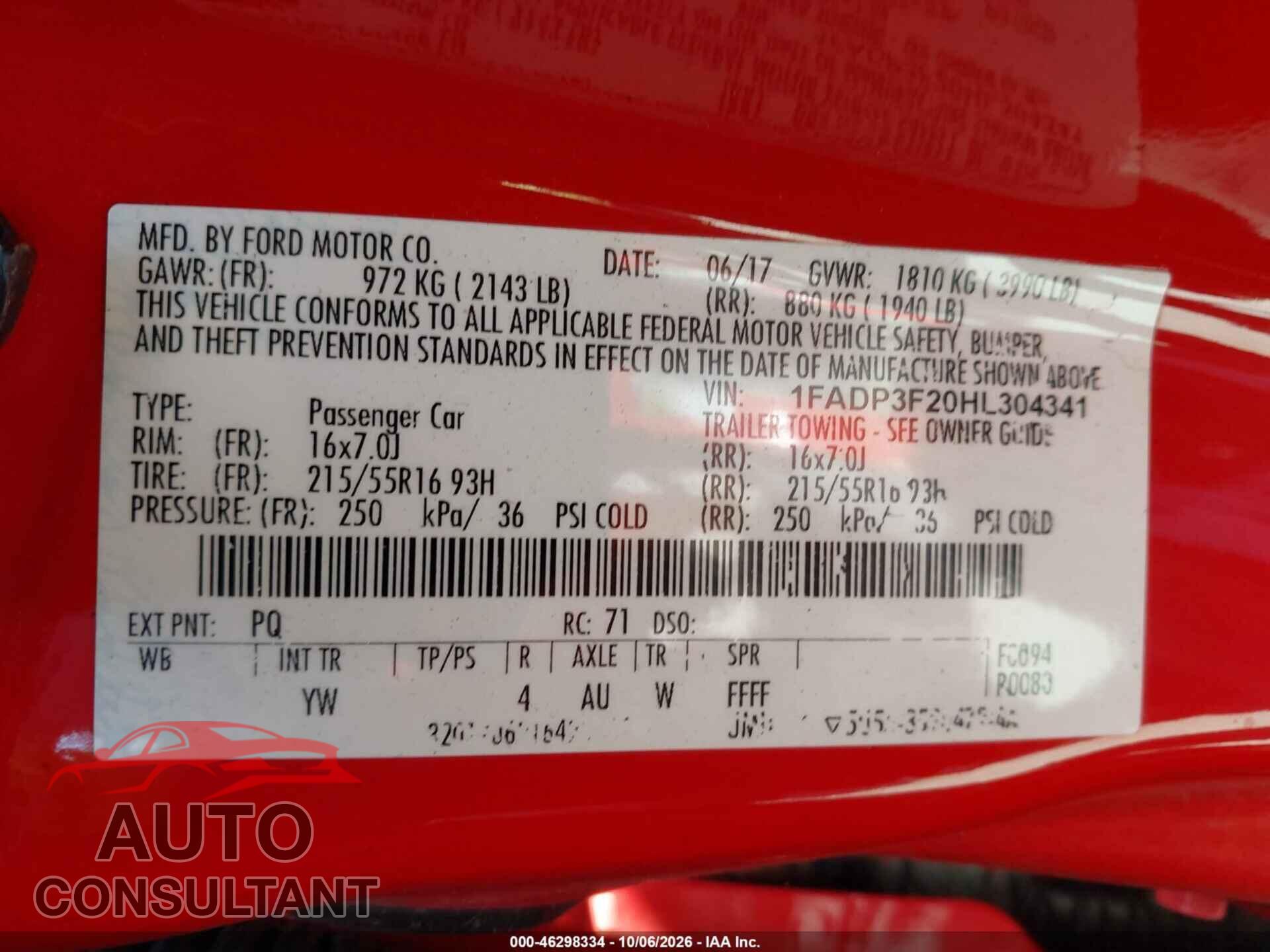 FORD FOCUS 2017 - 1FADP3F20HL304341