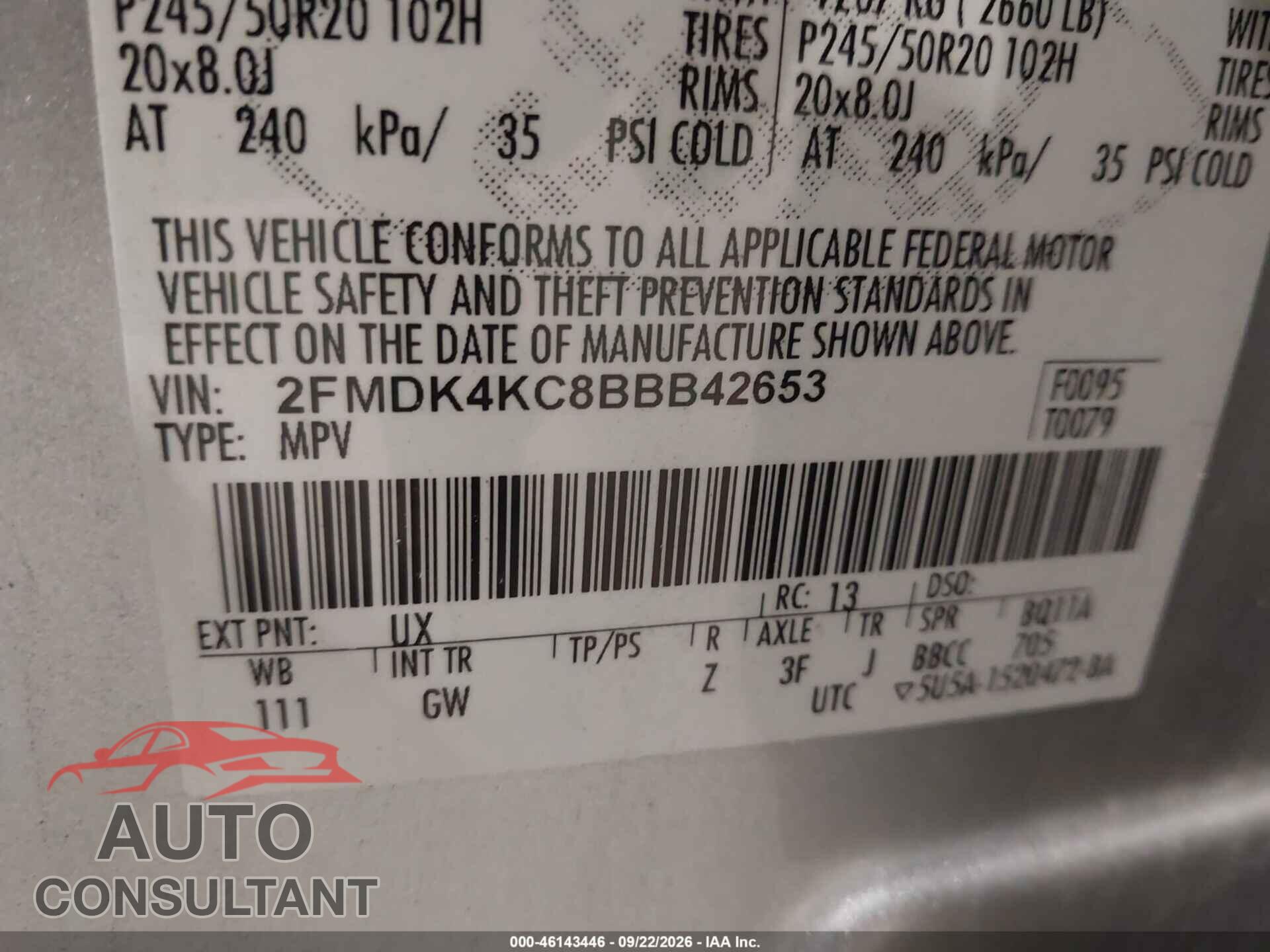 FORD EDGE 2011 - 2FMDK4KC8BBB42653