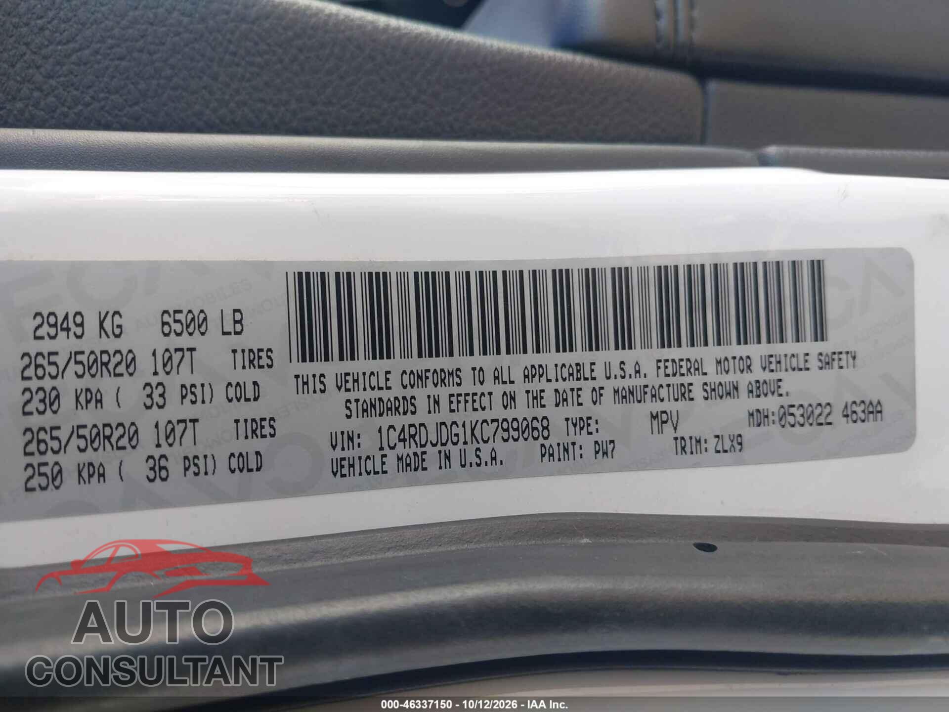 DODGE DURANGO 2019 - 1C4RDJDG1KC799068