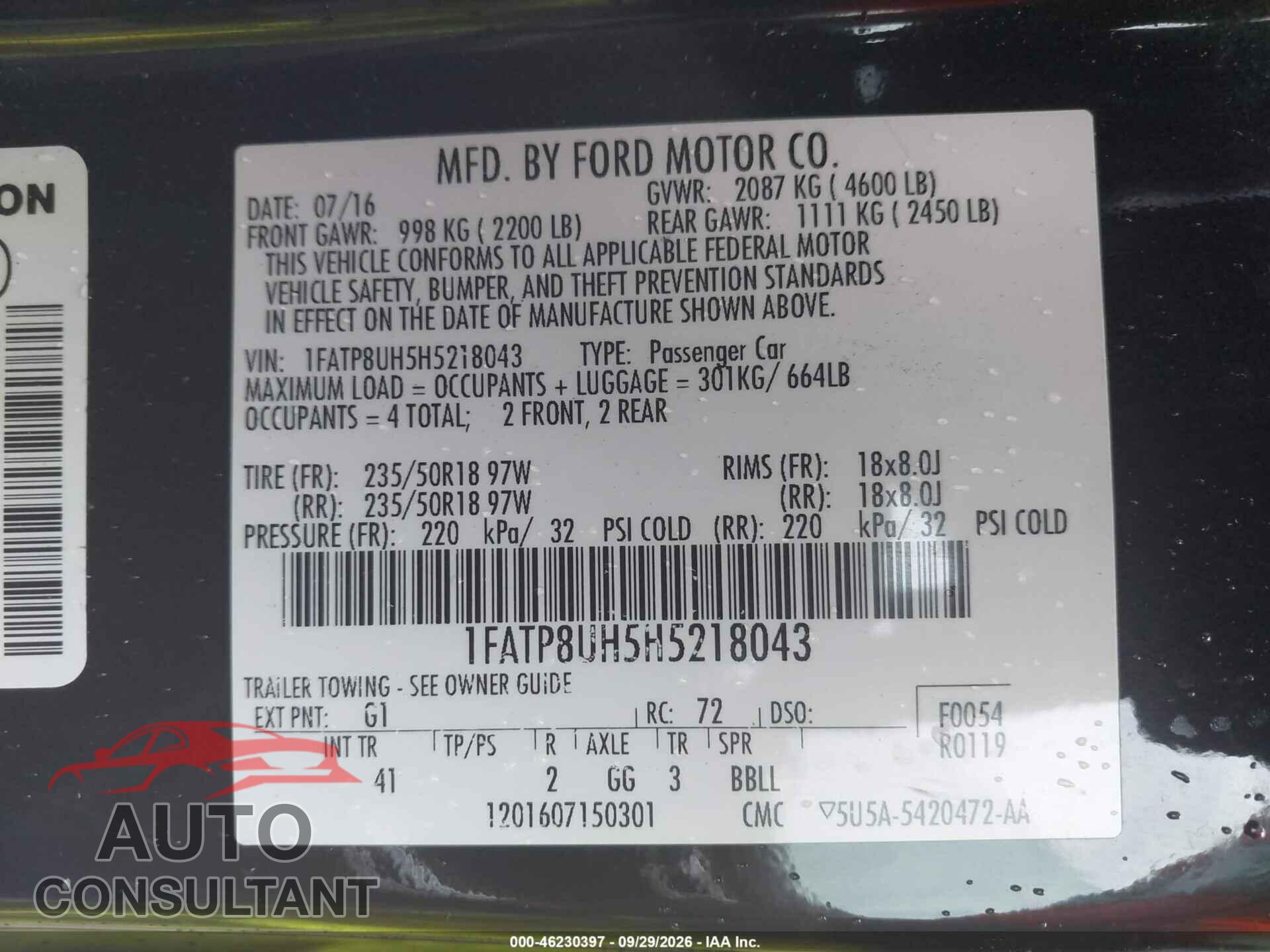 FORD MUSTANG 2017 - 1FATP8UH5H5218043