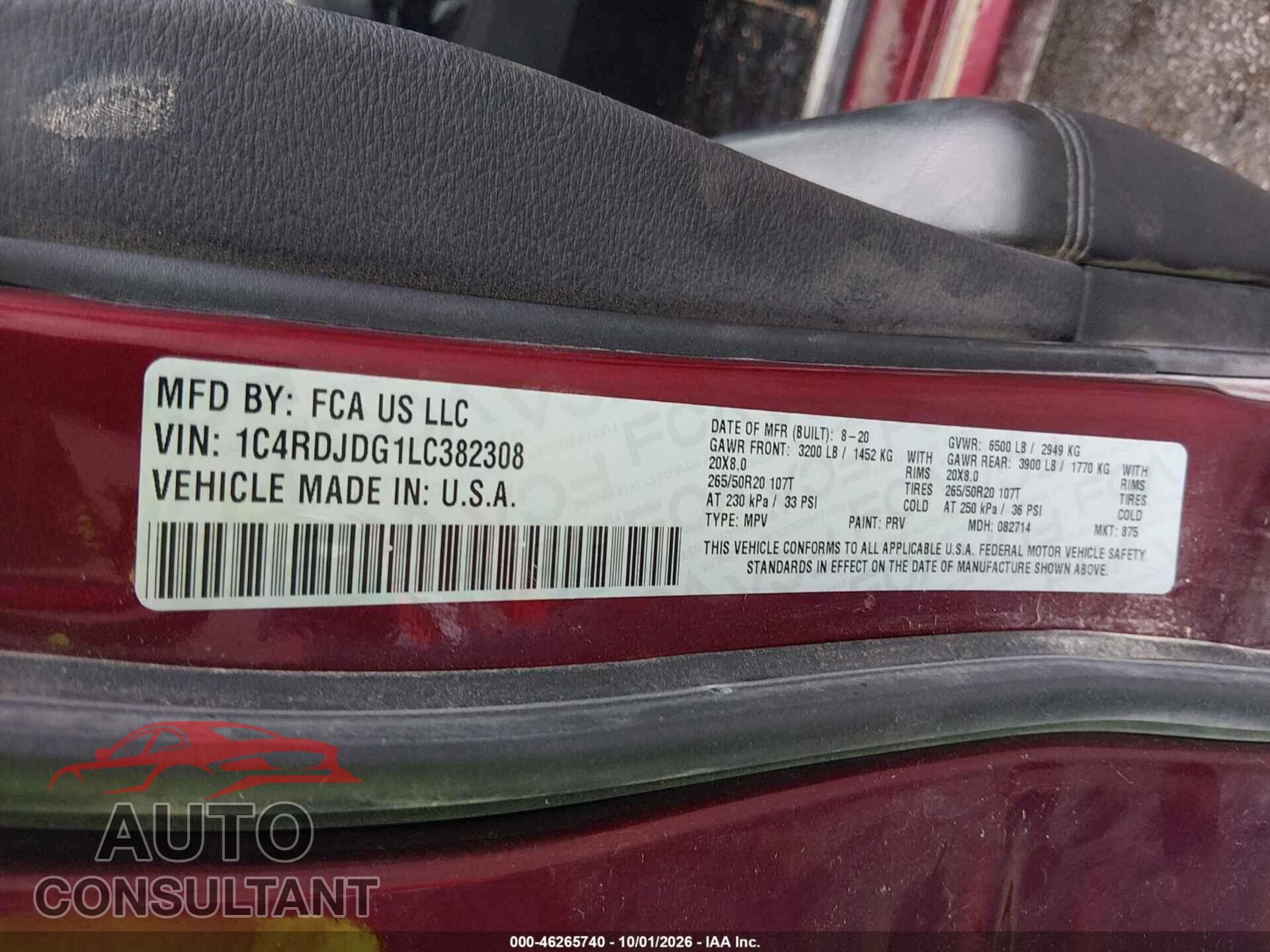 DODGE DURANGO 2020 - 1C4RDJDG1LC382308