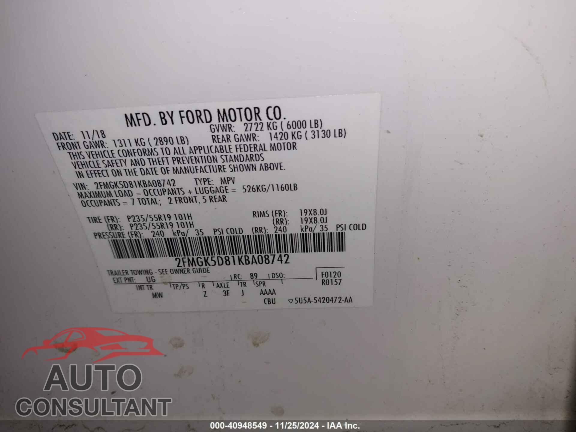 FORD FLEX 2019 - 2FMGK5D81KBA08742