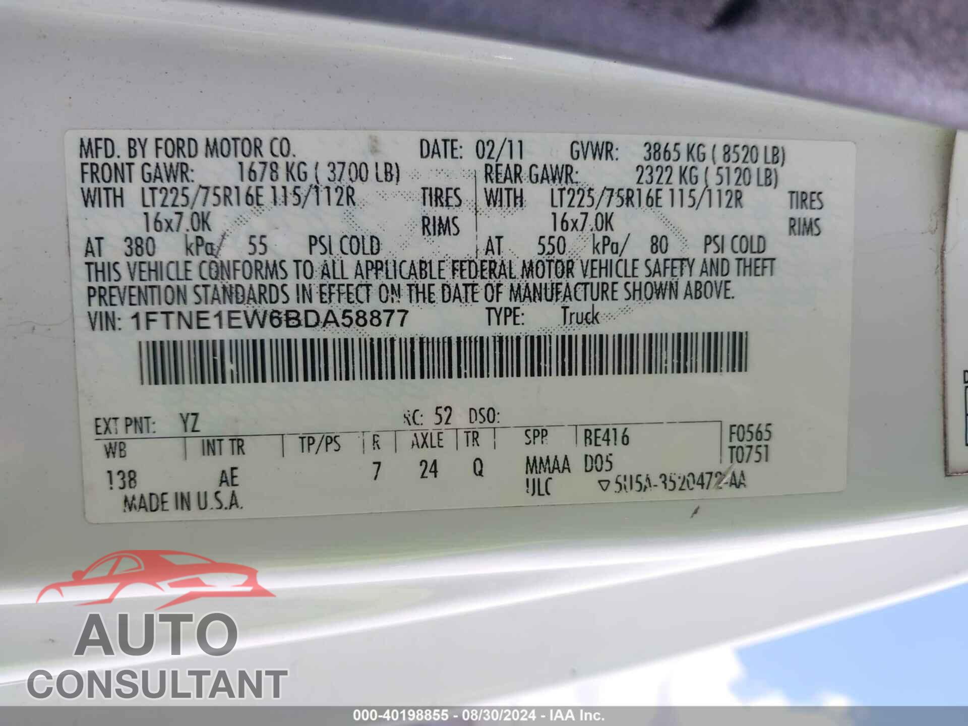 FORD E-150 2011 - 1FTNE1EW6BDA58877