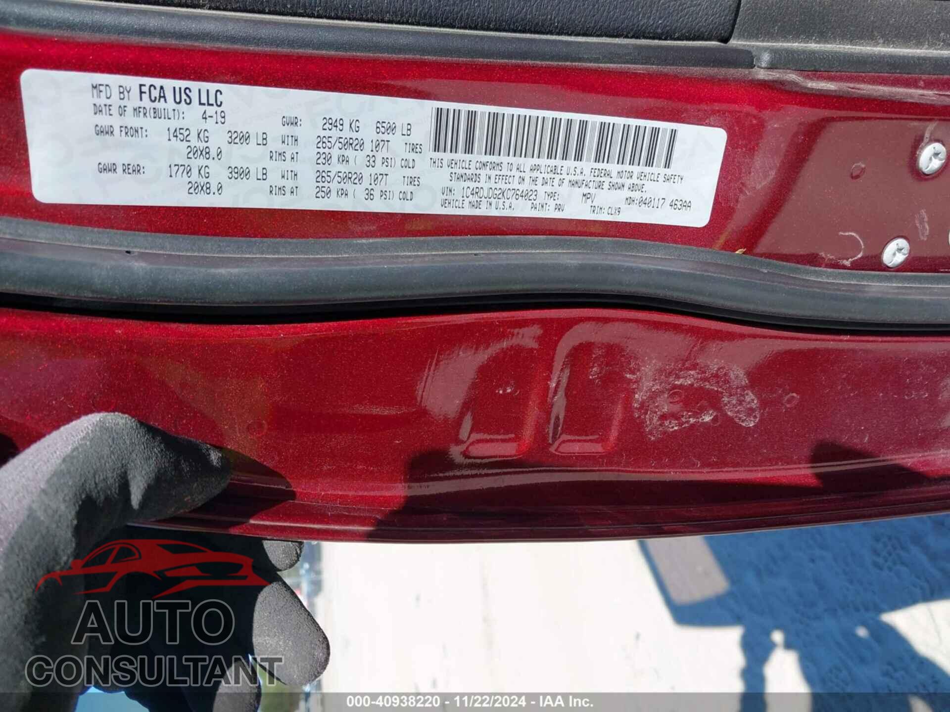 DODGE DURANGO 2019 - 1C4RDJDG2KC764023